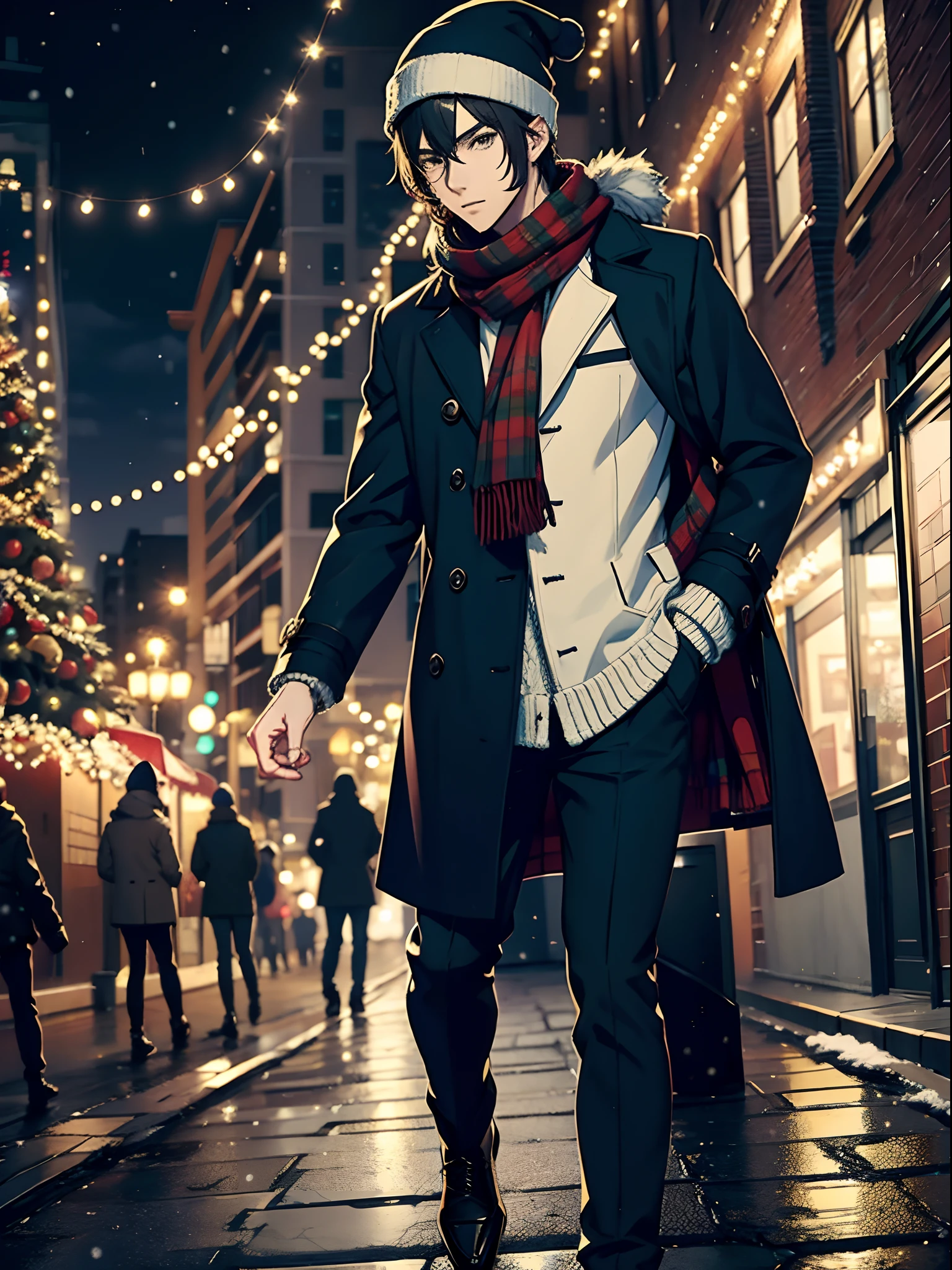Anime handsome guy in coat, Christmas lights, street, snowflakes, beanie, knitted things