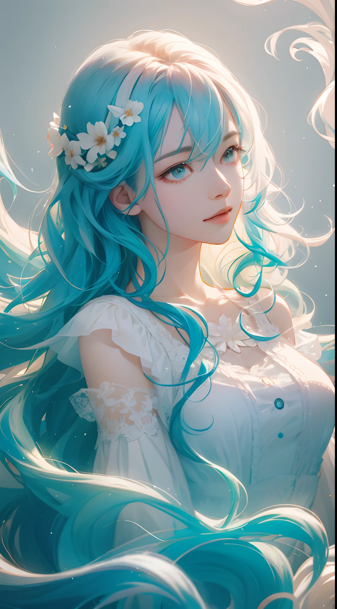 one-girl,rainbow colour hair,romanticized nature,Wavy hair,A dreamlike realm,light white and light red,light white and cyan,k hd,high detal,high qulity,Good atmosphere,delicated,cg render,detail render,(Delicate facial portrayal)(Fine hair depiction)(highest quality)(Master masterpieces)(High degree of completion)(a sense of atmosphere)(half-body portrait)