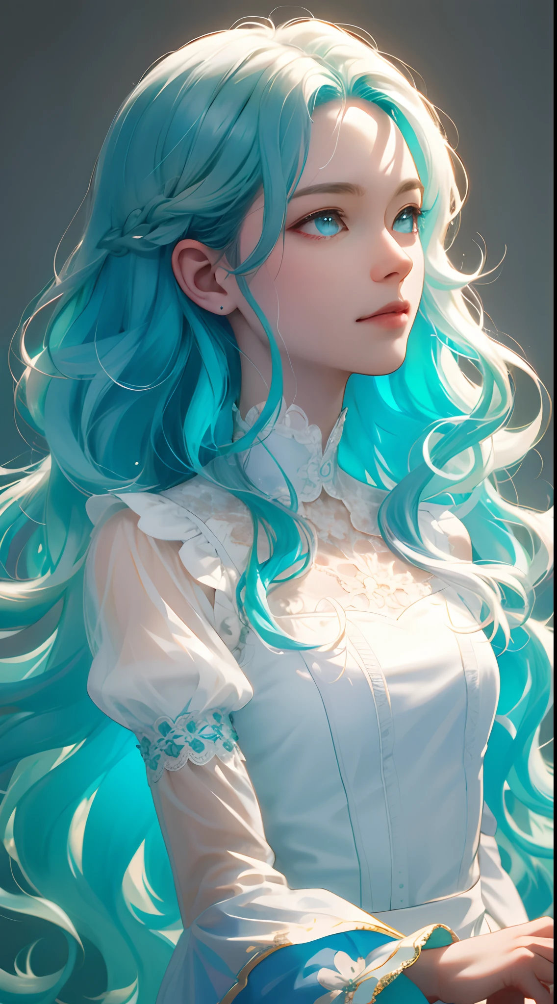 one-girl,rainbow colour hair,romanticized nature,Wavy hair,A dreamlike realm,light white and light red,light white and cyan,k hd,high detal,high qulity,Good atmosphere,delicated,cg render,detail render,(Delicate facial portrayal)(Fine hair depiction)(highest quality)(Master masterpieces)(High degree of completion)(a sense of atmosphere)(half-body portrait)