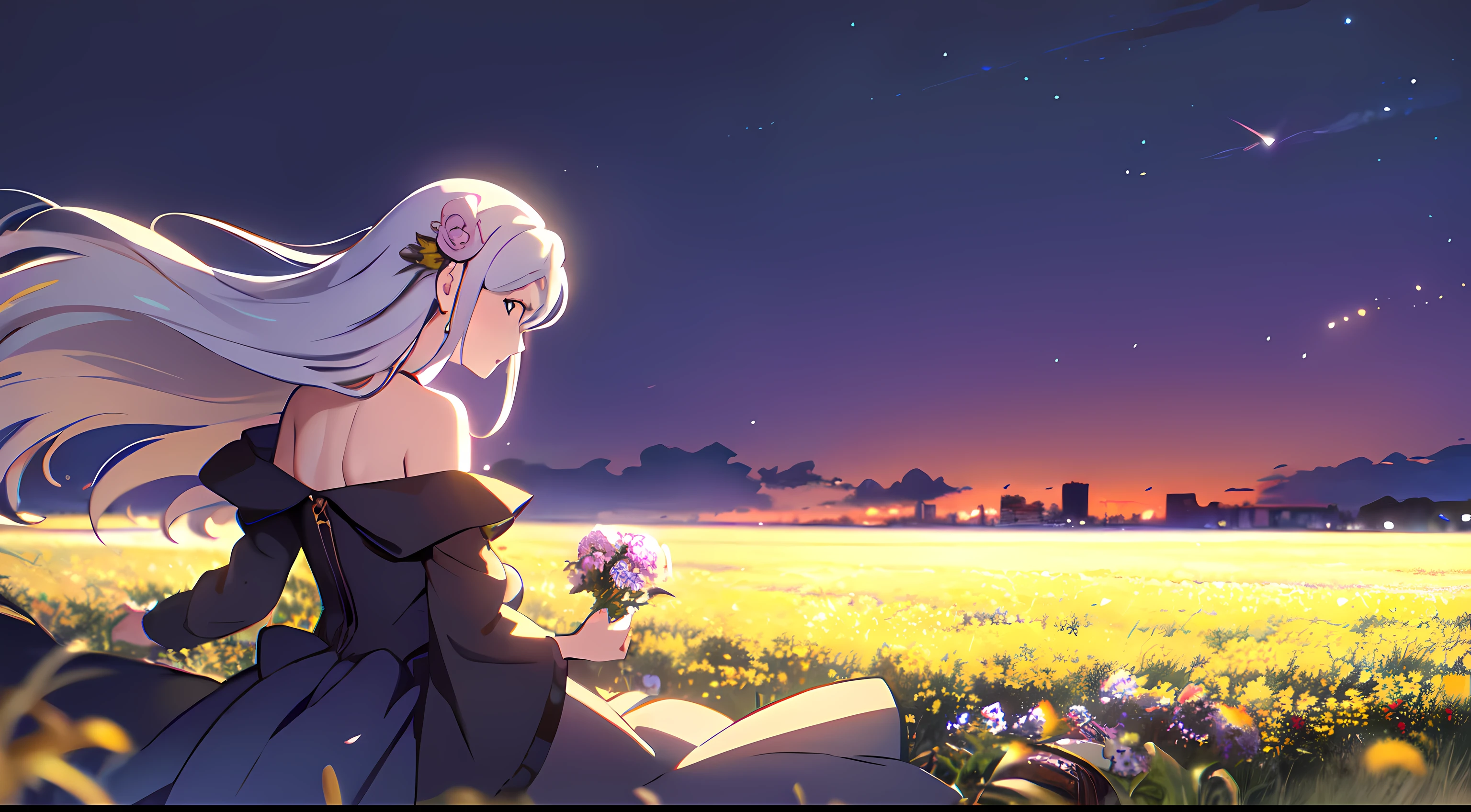 masterpiece, best quality, 1lady, solo, very long white hair, blowing hair, (flowers hair ornament), earrings, night, Vast sky, beautiful skyline, fireflies, fantasy, off shoulder blue dress, night scenery, close up, behind view, back view, touching wheat field,