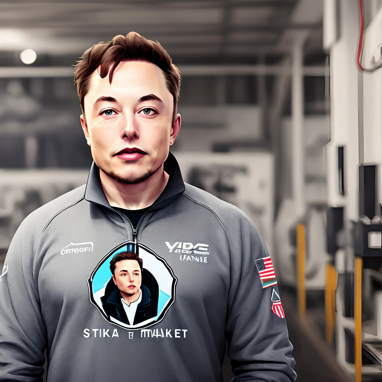 illustrated portrait of Elon Musk, art station, CGI_Animation, clothes with (Share Market) printed on them, NVIDIA, NVIDIA, NVIDIA