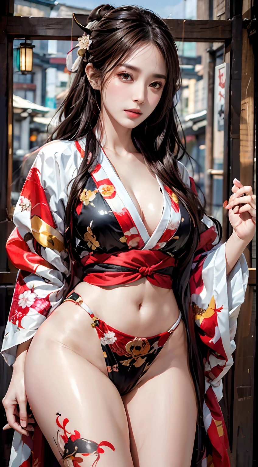 Photorealistic, High resolution, 1womanl, maturefemale, Solo, hips up high, Long hair, The tattoo, Wearing kimono_Clothes