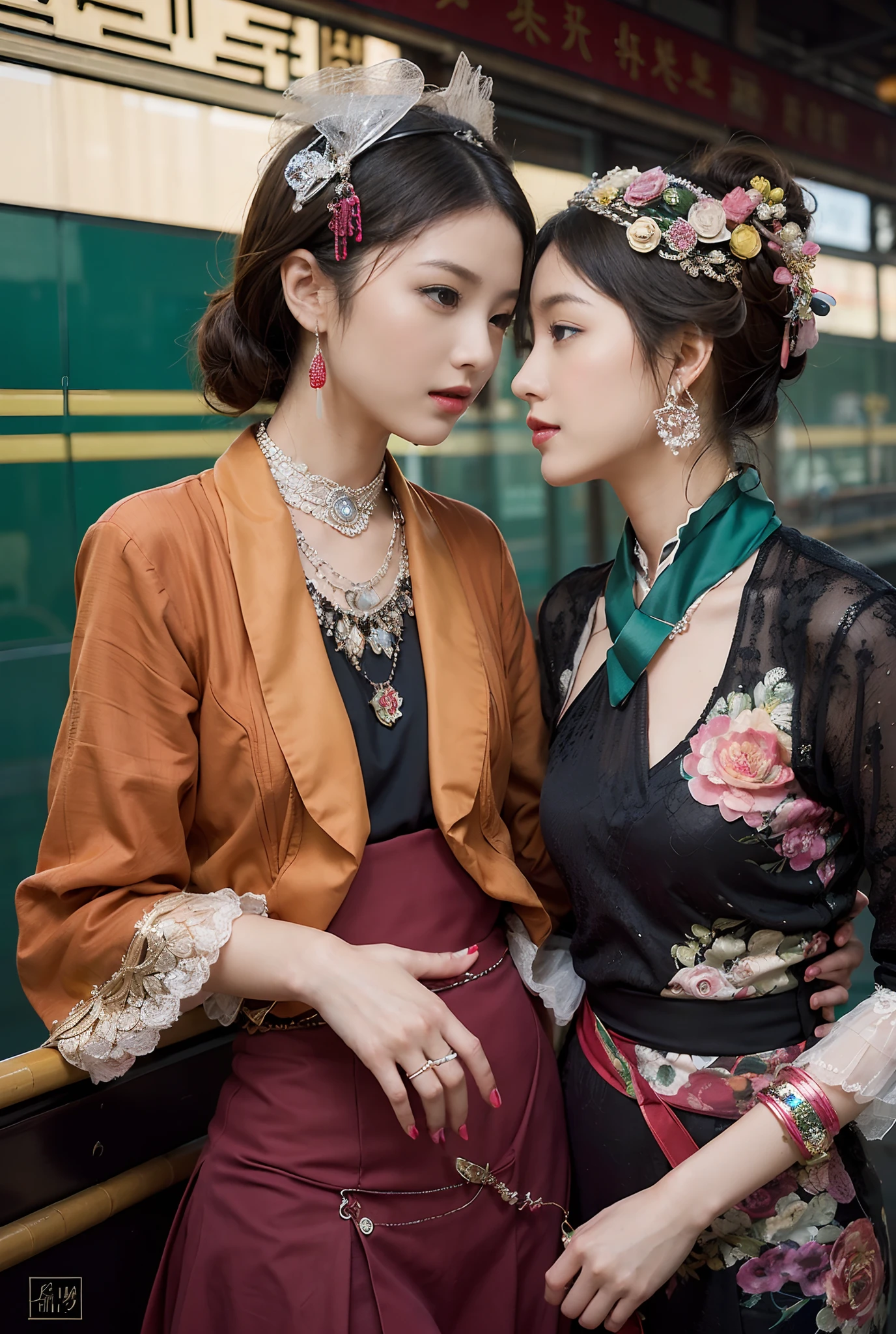 Two beautiful girls,leering:1.4, Lovers, Lesbians,(In the 1920s at the Shanghai Railway Station,Vintage train background:1.6),(Taoist hairstyle,Giant hair sticks:1.6,Oylan hair accessories,armlets, bangle:1.3),Dodge kisses,bauhause, bulgari, official valentino editorial,half-open lips, Suck your lips firmly, Drooling, elegant, Brilliant, Beautiful, Blush (0.2), Gorgeous, Beautiful, Gorgeous, gentle, Starry sky, Milky Way, Summer triangle, Tanabata and bamboo ornaments, Precise drawings, a detailed drawing,