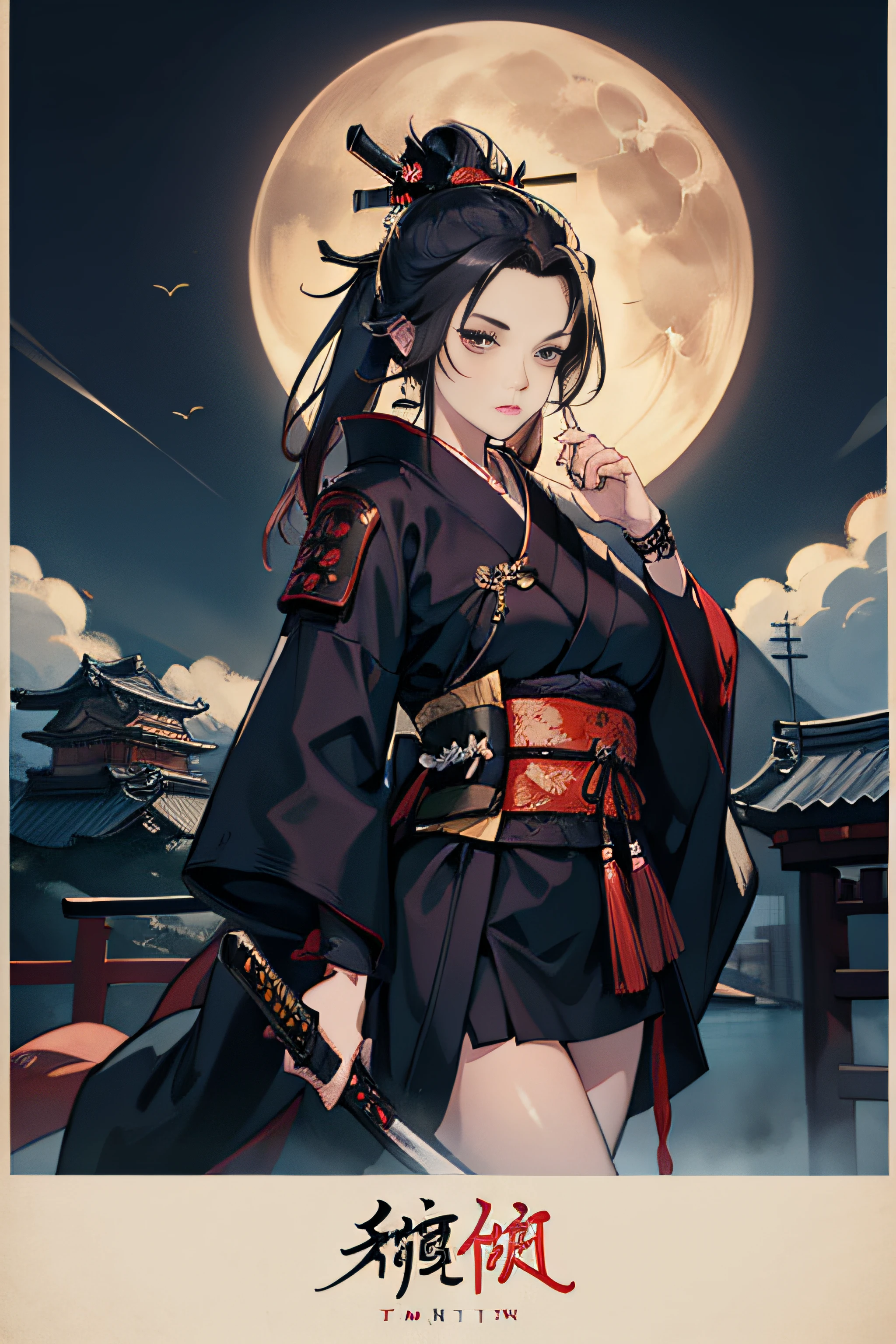(Masterpiece, Best Quality), 8k Wallpaper, highly detailed, sexy female ronin, samurai, katana, japan, night, moonlight, vector style art, erotic, movie poster style, lettering.