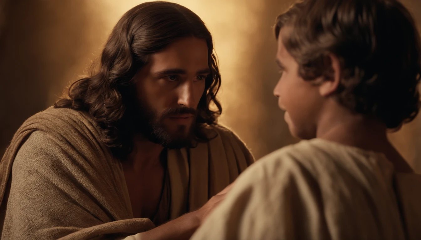 jesus cristo com um menino de aproximadamente 10 anos no colo, Around him are disciples