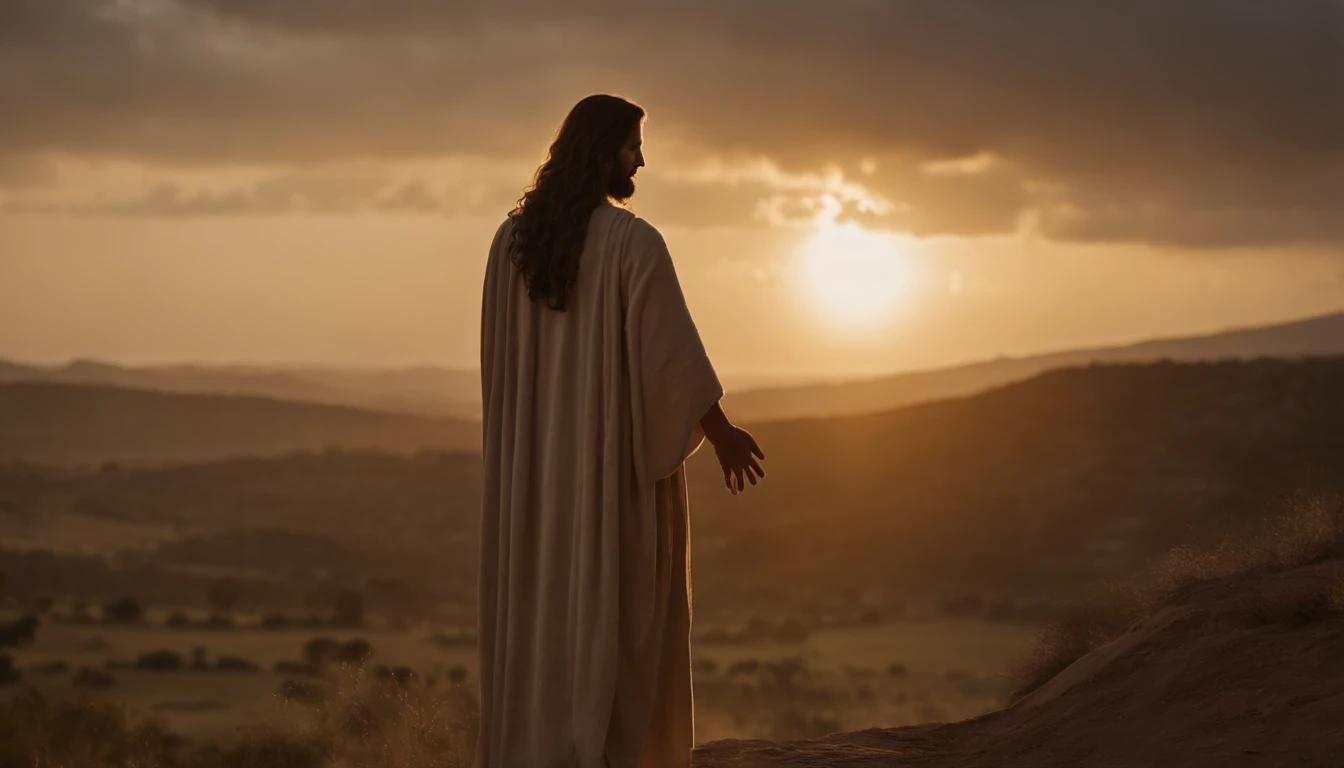 jesus cristo com um menino de aproximadamente 10 anos no colo, Around him are disciples