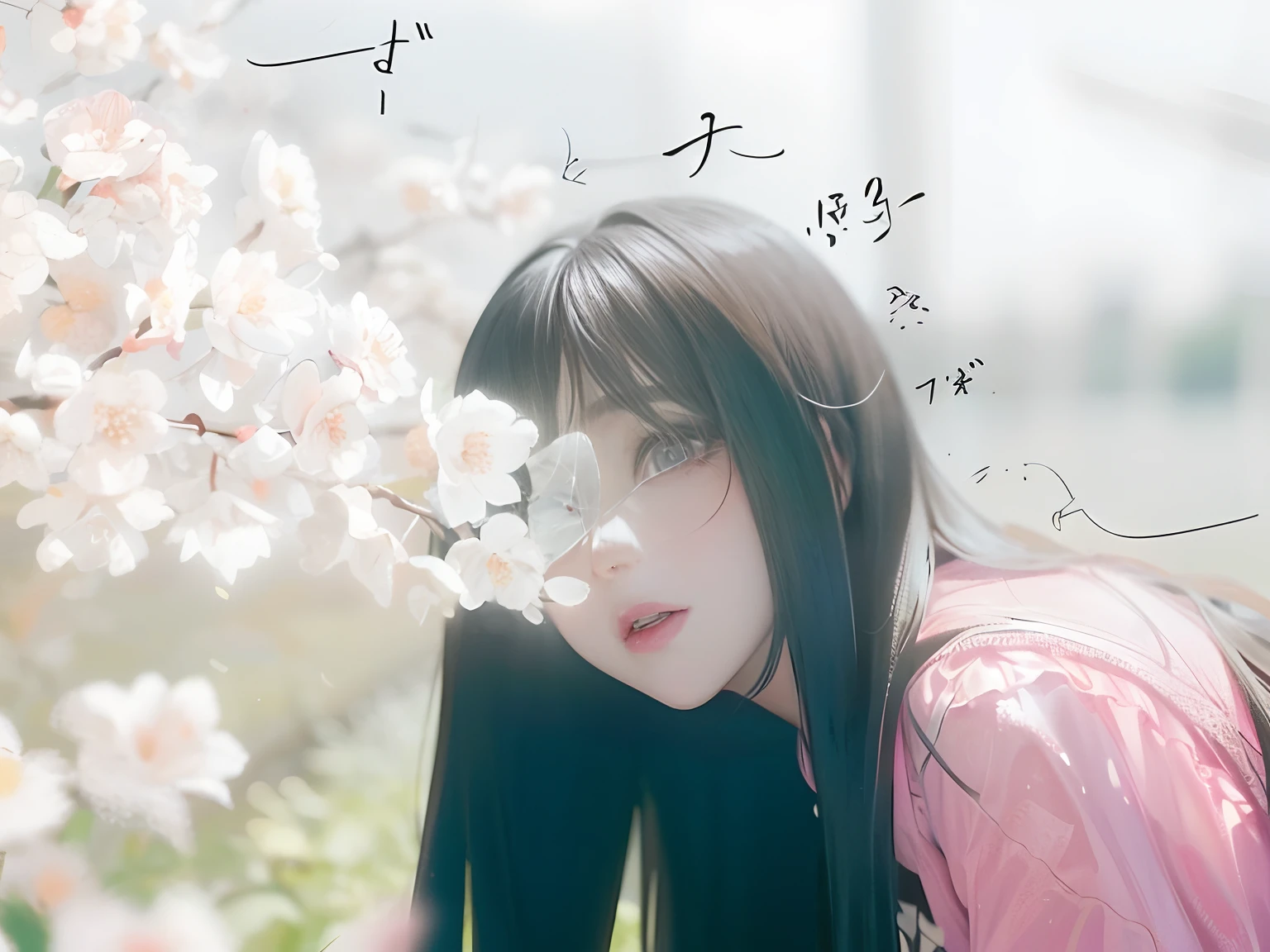 1 Korean girl, beautiful and cute, blackish red hair, wearing a long pink t-shirt, facing the audience, bending over, has beautiful eyes, black eyeballs, thin lips, a slight smile, there is a beautiful cherry blossom tree, eyes looking at the camera, has chibi cheeks, perfect