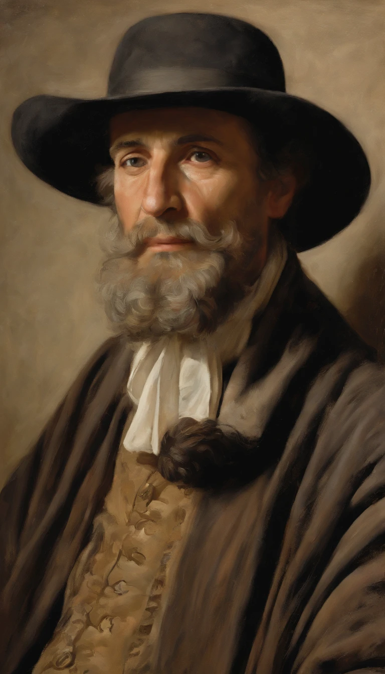 Una imagen sin barba, sin pelos en la cara, del pintor renacentista Rafael Sanzio pintando un cuadro, cabello largo de color negro, (SIN BARBA), su rostro NO debe tener barba, gorro de color negro, barbilla alargada, sin pelos en la cara, mirando hacia el cuadro que esta pintando, Character with a male face from the Renaissance era, hombre del siglo XVI del renacimiento, Rafael Sanzio debe estar de pie pintando una obra de arte, mirada profunda, imagen de alta calidad, (obra maestra), (hombre serio sin barba), el pintor debe estar frente a un lienzo, Have a reference to the Renaissance era, RAFAEL SANZIO pintor renacentista.