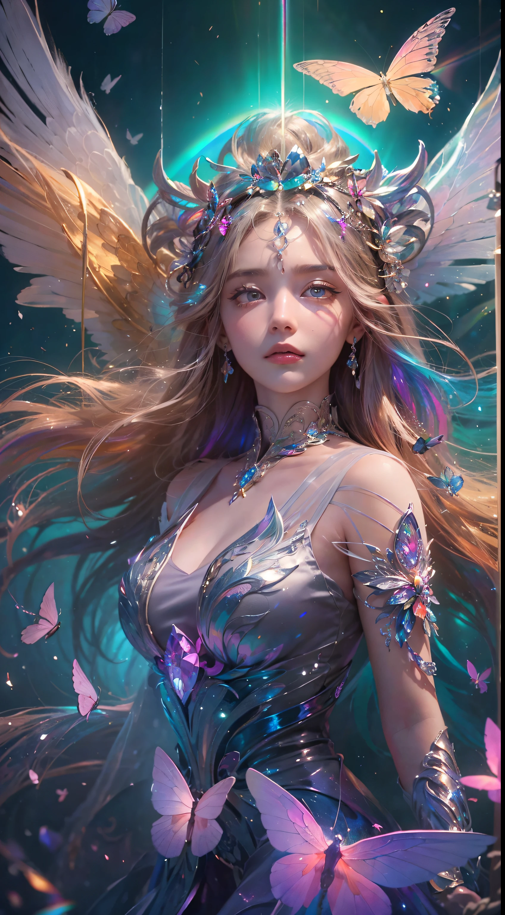 (((masterpiece))), (((best quality))), ((ultra-detailed)),(highly detailed CG illustration), ((an extremely delicate and beautiful)),cinematic light, Create a stunning fantasy artwork that mimics the style of currently trending masters of the genre. The art piece should contain elements of both mythic fantasy and fairytale fantasy with dreamy rainbow accents. ((Utilize the rainbow as the main color scheme.)) The character in the artwork is a delicate but strong figure with an aura of mystery and magic and (beautiful translucent rainbow wings). Pay close attention to intricate facial features, such as mesmerizing eyes with vibrant colors and bold shading. The character's clothing should be designed with gossamer feathers, silk, stunning embroidery, and subtle iridescent details. Incorporate (((translucent rainbows))), dreamy colors, dynamic lighting, and detailed background elements to create a sense of awe and immersion. Include colorful flying magical birds and jewel-toned rainbow butterflies radiating a magical aura. Consider the latest trends in fantasy art, such as incorporating unique lighting effects, exploring dynamic and compelling composition techniques, and experimenting with unique color palettes. Take inspiration from the top artists on ArtStation and Midjourney. Camera: Choose an angle that highlights the character's beauty and enhances the magical majesty of the artwork. Lighting: Utilize atmospheric lighting techniques to create depth and mood. Resolution: Aim for a high-resolution artwork to showcase intricate details and clarity. Art Inspirations: Seek inspiration from the trending artists on ArtStation, exploring different styles, genres, and themes.