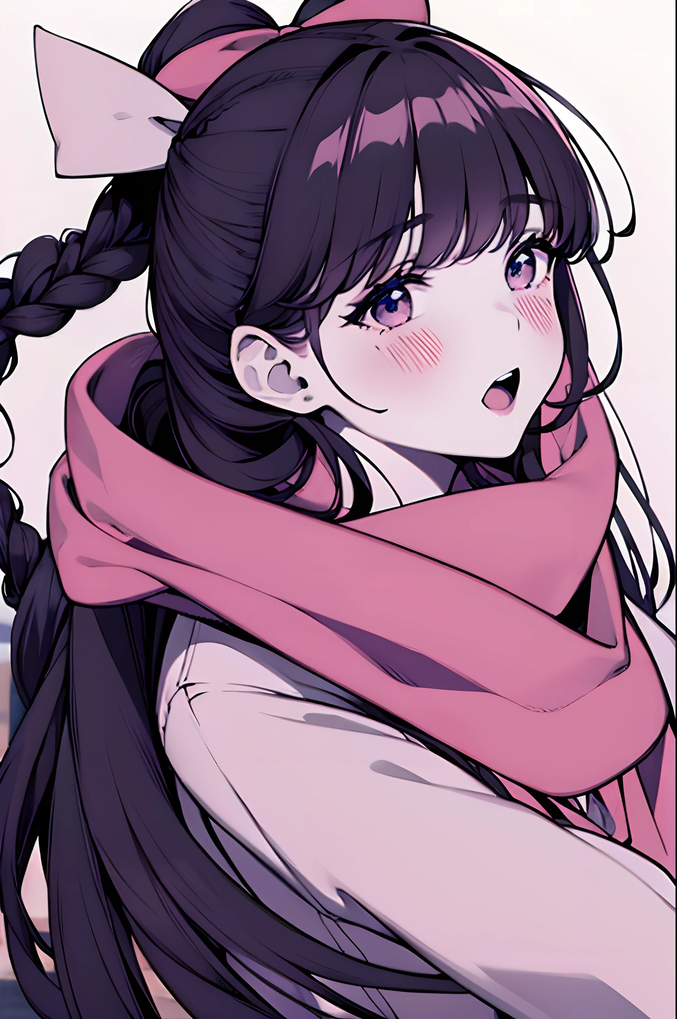 km, 1girl, ascot, blush, bow, azure eyes, black hair, cute hair bow, hair tubes, long wavy hair, braids, gorgeous hair ornament, (nontraditional miko), open mouth, red bow, scarf, sidelocks, (colourful landscape in background), solo, white background, monochromatic patterned scarf