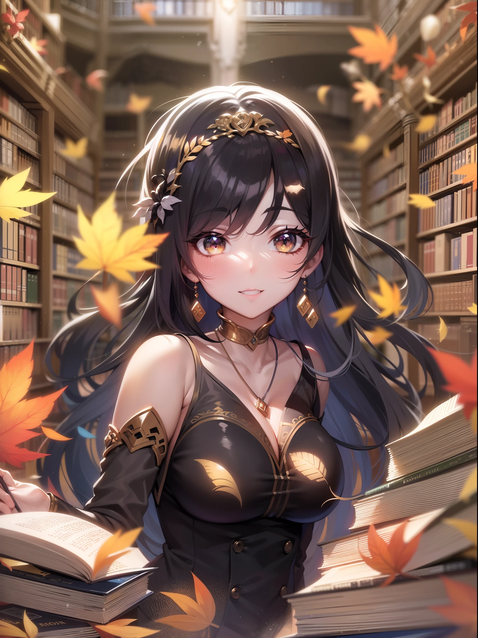 masutepiece, Best Quality, Ultra-detailed, Extremely detailed, 4K, 8K, Best Quality, Beautiful, Library, Autumn, Pretty women, Solo, Goddess of Art, Beautiful black hair, Beautiful black eyes, Ahoge,(huge-breasted:1.2), lightsmile, sparkling effect