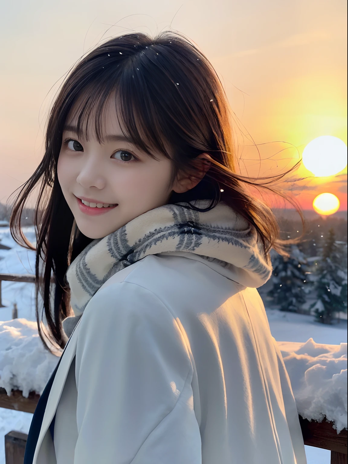 (A close-up portrait of one slender girl has long hair with dull bangs in winter uniform with white winter coat and a gray scarf:1.5)、(One girl looked back at her hair fluttering in the wind with a shy smile:1.3)、(Beautiful snowy sunset red sky:1.5)、(Perfect Anatomy:1.3)、(No mask:1.3)、(complete fingers:1.3)、Photorealistic、Photography、masutepiece、top-quality、High resolution, delicate and pretty、face perfect、Beautiful detailed eyes、Fair skin、Real Human Skin、pores、((thin legs))、(Dark hair)