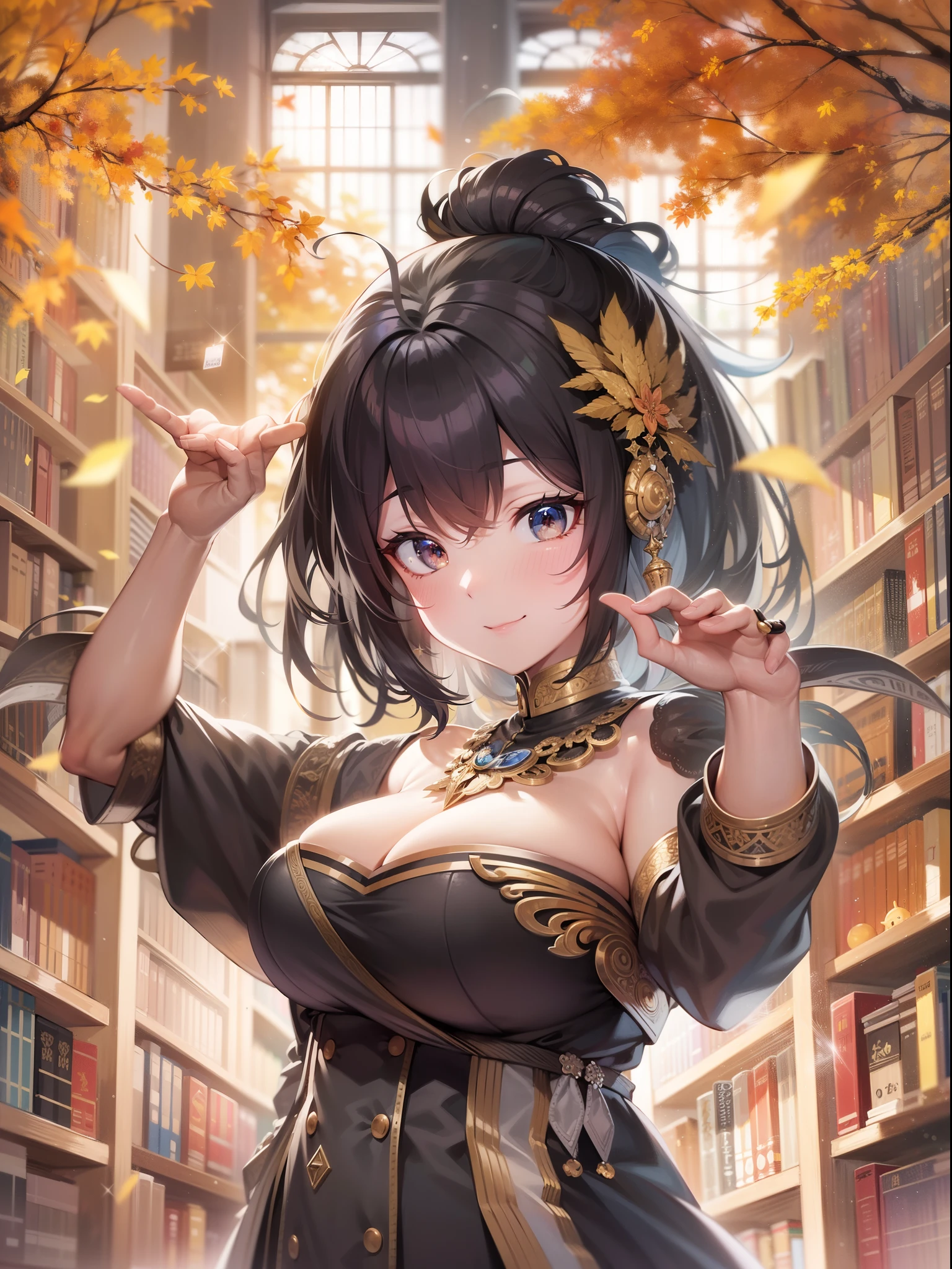 masutepiece, Best Quality, Ultra-detailed, Extremely detailed, 4K, 8K, Best Quality, Beautiful, Library, Autumn, Pretty women, Solo, Goddess of Art, Beautiful black hair, Beautiful black eyes, Ahoge,(huge-breasted:1.2), lightsmile, sparkling effect