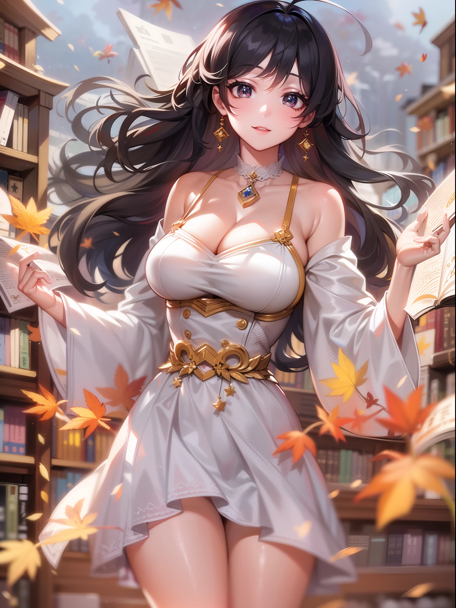 masutepiece, Best Quality, Ultra-detailed, Extremely detailed, 4K, 8K, Best Quality, Beautiful, Library, Autumn, Pretty women, Solo, Goddess of Art, Beautiful black hair, Beautiful black eyes, Ahoge,(huge-breasted:1.2), lightsmile, sparkling effect