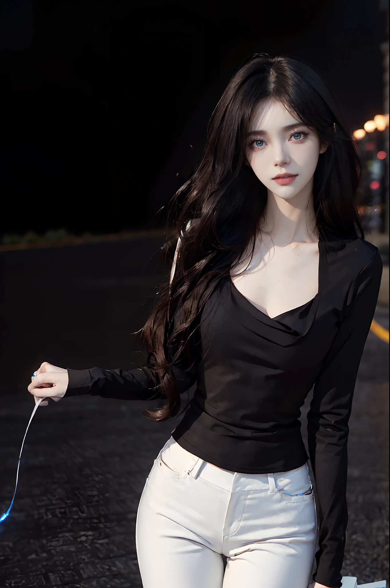((4K works))、masterpiece、(top-quality)、1 beutiful girl、Slim body、tall、((Black Y-shirt and white pants、Charming street style))、(Detailed beautiful eyes)、Midnight Night、((Pitch-black intersection))、Stroll through fashionable intersections、((Face similar to Carly Rae Jepsen))、((Long boyish red hair))、((Smaller face))、((Neutral face))、((Bright blue eyes))、((American adult women))、((Adult female 26 years old))、((cool lady))、((Like a celebrity))、((Smiling expression))、((Korean Makeup))、((elongated and sharp eyes))、((Happy dating))、((boyish))、((Upper body photography))、((She is walking in front of the viewer))、Professional Photos、((Pitch black lighting))、((Black lighting))