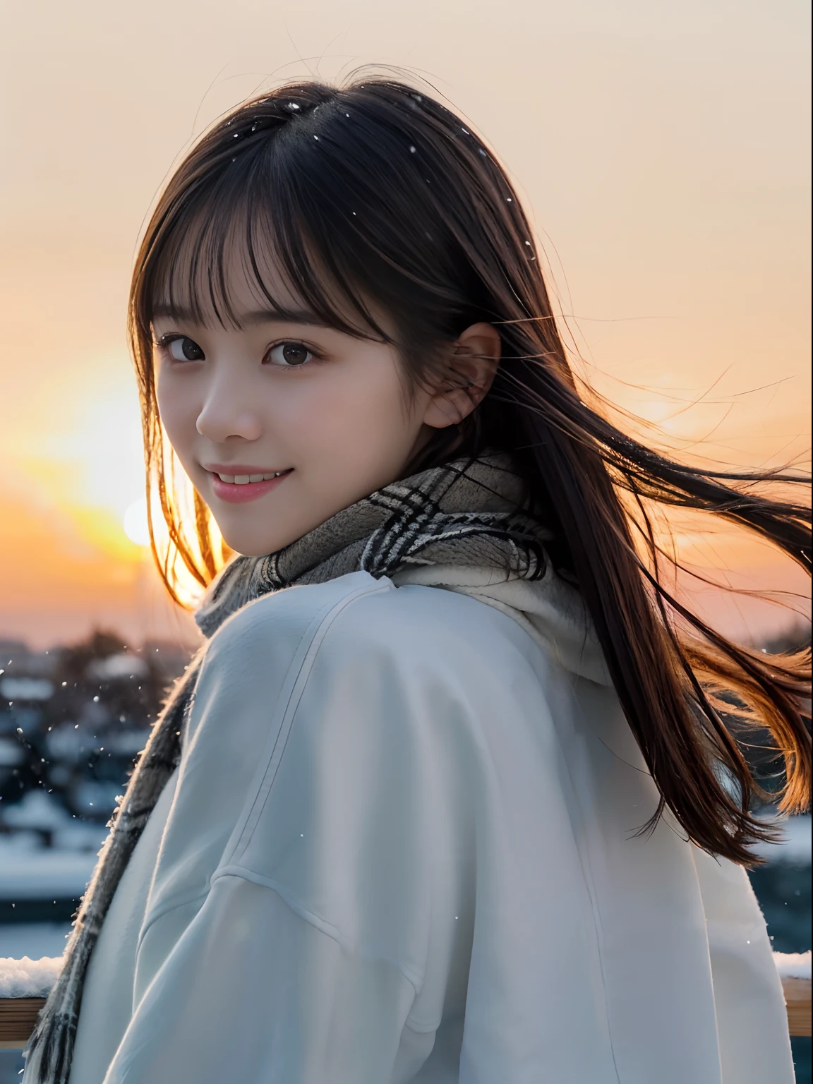 (A close-up portrait of one slender girl has long hair with dull bangs  in winter uniform with white winter coat and a gray scarf:1.5)、(One girl looked back with shy smile and her hair fluttering in the wind:1.3)、(Beautiful snowy sunset red sky:1.5)、(Perfect Anatomy:1.3)、(No mask:1.3)、(complete fingers:1.3)、Photorealistic、Photography、masutepiece、top-quality、High resolution, delicate and pretty、face perfect、Beautiful detailed eyes、Fair skin、Real Human Skin、pores、((thin legs))、(Dark hair)