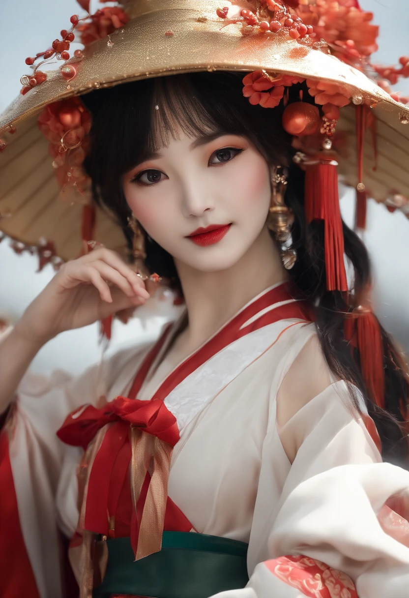 masterpiece、top-quality、(pureerosface:2.0)、(1人の女性)、19 year old sexy Korean 1 girl、A dark-haired、parted hair、Straight short hair、Medium size breasts、(large hat:1.2)、shrine maiden clothe、the witch、female mage、Hair fluttering in the wind、(No paint on the face:1.1)、(Red around the eyes:1.2)、a smile、Left and right symmetrical eyes、jpn、(Kagura dance:1.4)