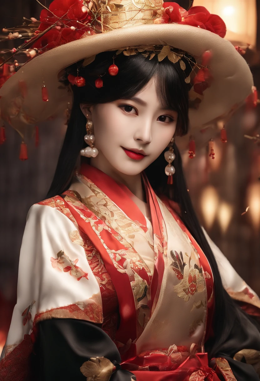 masterpiece、top-quality、(pureerosface:2.0)、(1人の女性)、19 year old sexy Korean 1 girl、A dark-haired、parted hair、Straight short hair、Medium size breasts、(large hat:1.2)、shrine maiden clothe、the witch、female mage、Hair fluttering in the wind、(No paint on the face:1.1)、(Red around the eyes:1.2)、a smile、Left and right symmetrical eyes、jpn、(Kagura dance:1.4)