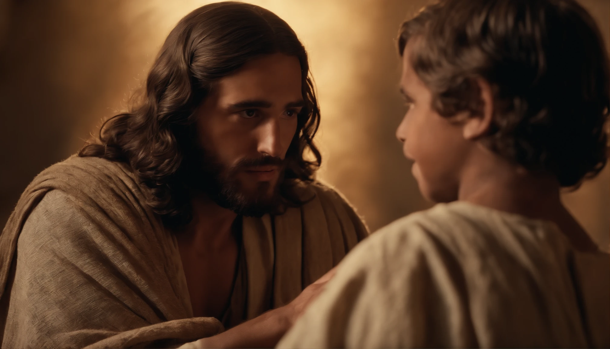 jesus cristo com um menino de aproximadamente 10 anos no colo, Around him are disciples