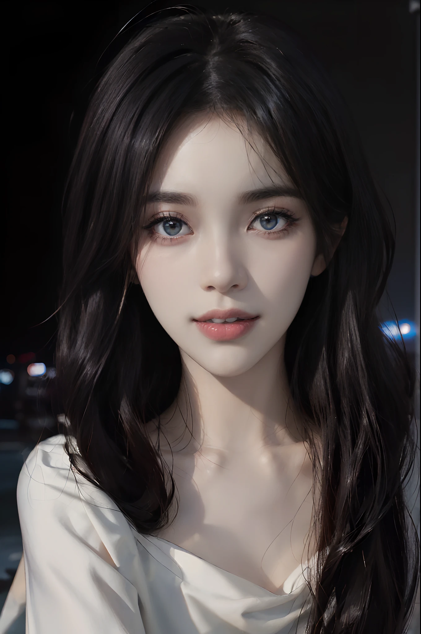 ((4K works))、​masterpiece、(top-quality)、1 beutiful girl、Slim body、tall、((Black Y-shirt and white pants、Charming street style))、(Detailed beautiful eyes)、Midnight Night、((Pitch-black intersection))、Stroll through fashionable intersections、((Face similar to Carly Rae Jepsen))、((Long boyish red hair))、((Smaller face))、((Neutral face))、((Bright blue eyes))、((American adult women))、((Adult female 26 years old))、((cool lady))、((Like a celebrity))、((Smiling expression))、((Korean Makeup))、((elongated and sharp eyes))、((Happy dating))、((boyish))、((Upper body photography))、((She is walking in front of the viewer))、Professional Photos、((Pitch black lighting))、((Black lighting))