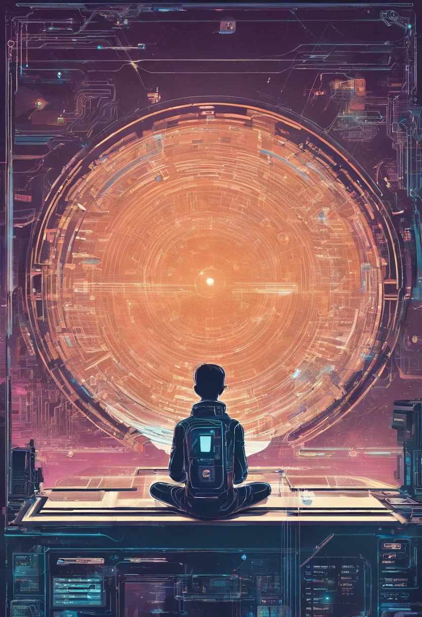 Boy coding with futuristic setup(GUI Coming out of screen)