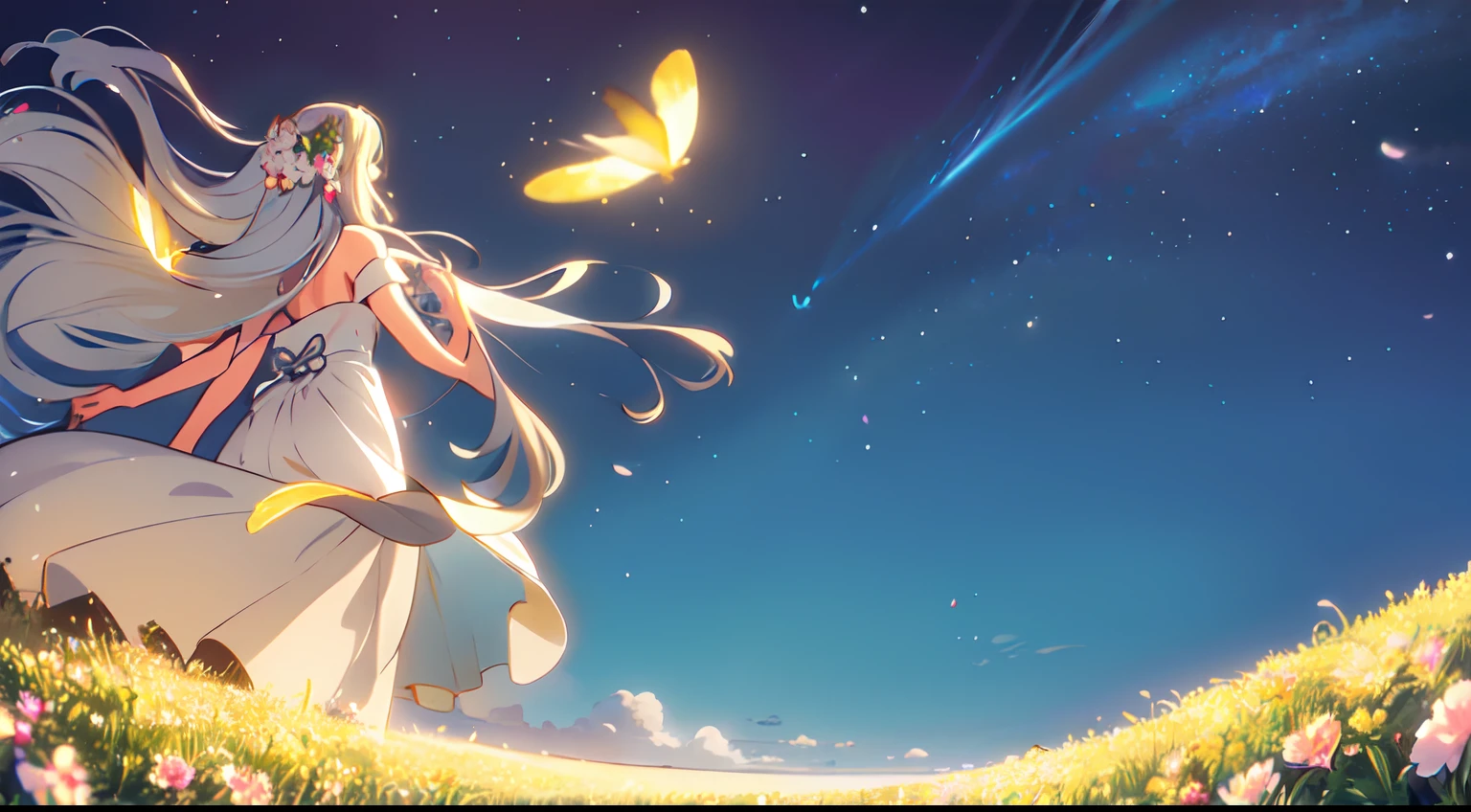masterpiece, best quality, 1lady, solo, very long white hair, blowing hair, (flowers hair ornament), earrings, night, Vast sky, beautiful skyline, fireflies, fantasy, off shoulder blue dress, night scenery, close up, behind view, back view, touching wheat field,