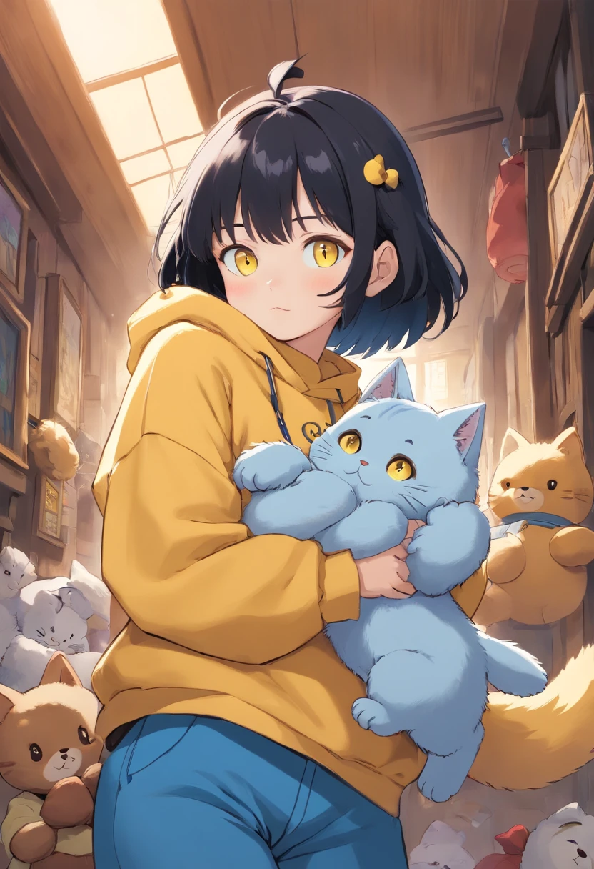 Cat Girl, black short hair, white bangs, Yellow eyes, blue sweatshirt, gray pants, Black Tail, holding a teddy bear in his hands