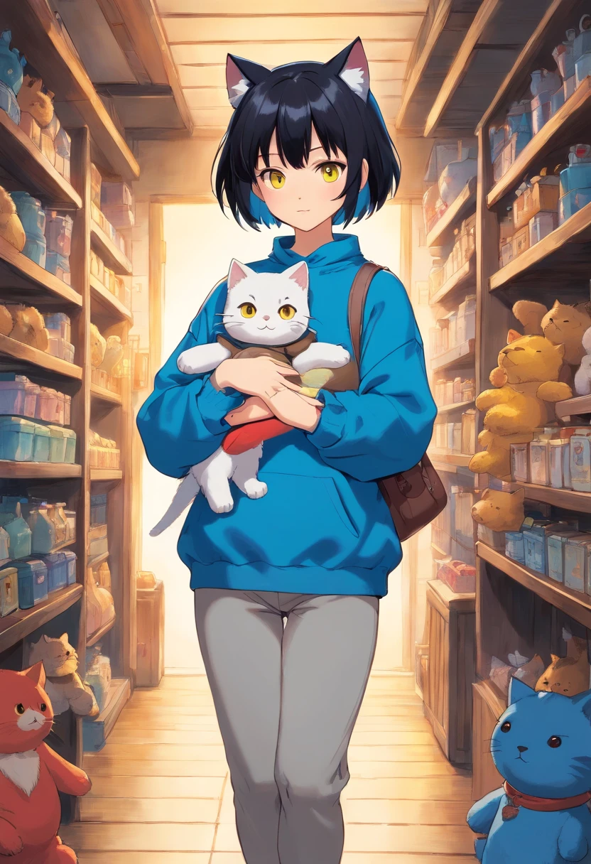 Cat Girl, black short hair, white bangs, Yellow eyes, blue sweatshirt, gray pants, Black Tail, holding a teddy bear in his hands
