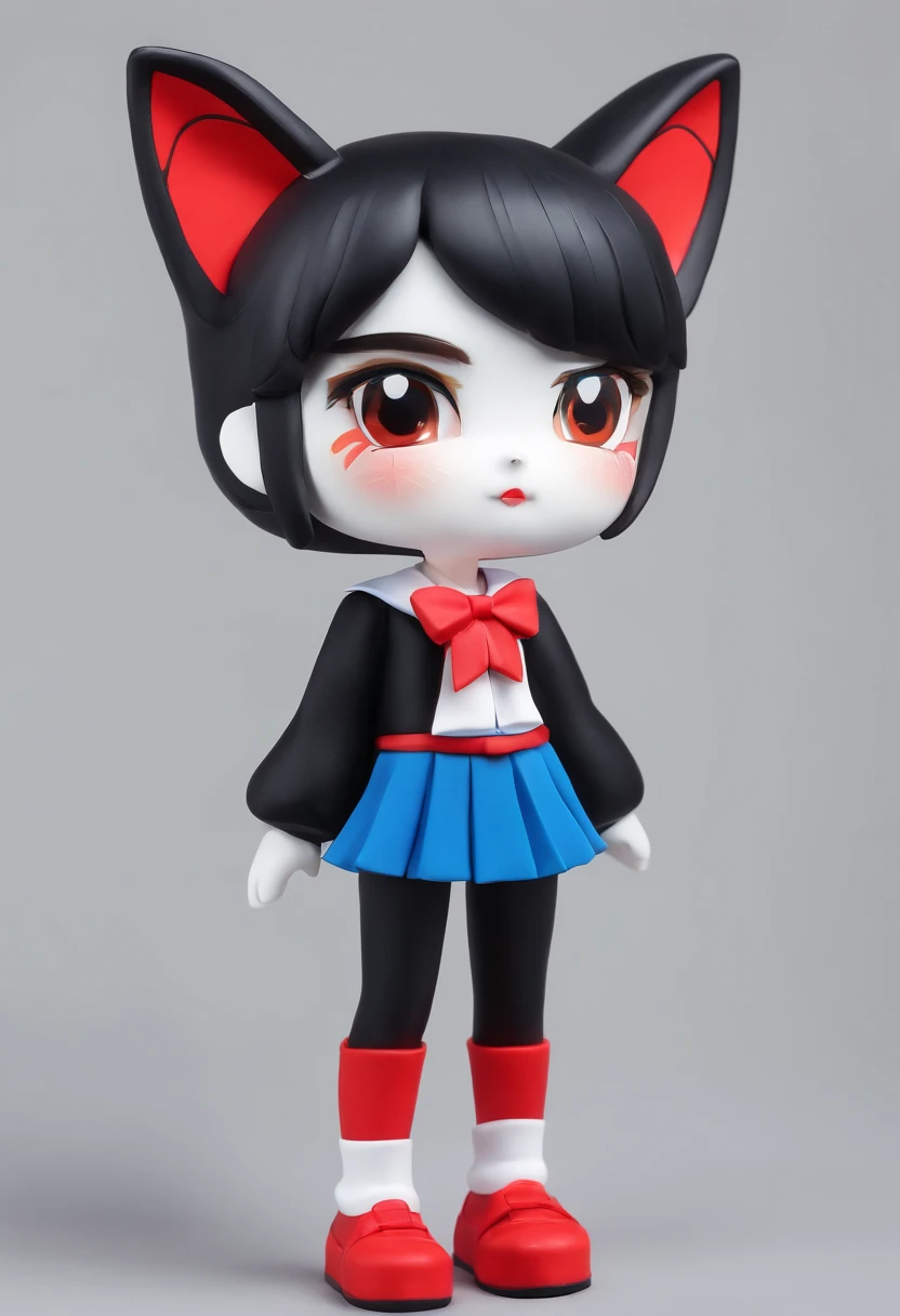 ((1girl)), solo, (black short hair girl), black eyes, ((seifuku uniform with white short sleeves shirt, blue sailor collar with red bow, blue skirt, white thigh high, black shoes, black fox ears, black fluffy fox tail)), ((wear kitsune mask)), clay material, cartoonish design style, pop mart, soft lighting, smooth lines, tilt-shift lenses, detailed science fiction illustrations, hyper-realistic details