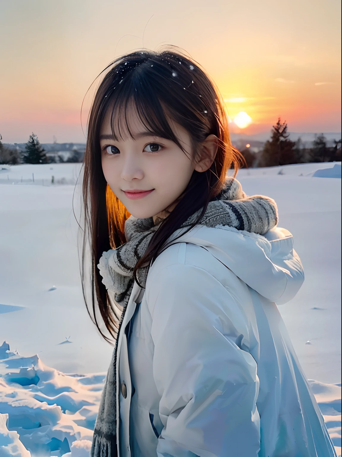 (A close-up portrait of one slender girl has long hair with dull bangs in winter uniform with white winter coat and a gray scarf:1.5)、(One girl looked back with small smile and her hair fluttering in the wind:1.3)、(Beautiful snowy sunset red sky:1.5)、(Perfect Anatomy:1.3)、(No mask:1.3)、(complete fingers:1.3)、Photorealistic、Photography、masutepiece、top-quality、High resolution, delicate and pretty、face perfect、Beautiful detailed eyes、Fair skin、Real Human Skin、pores、((thin legs))、(Dark hair)