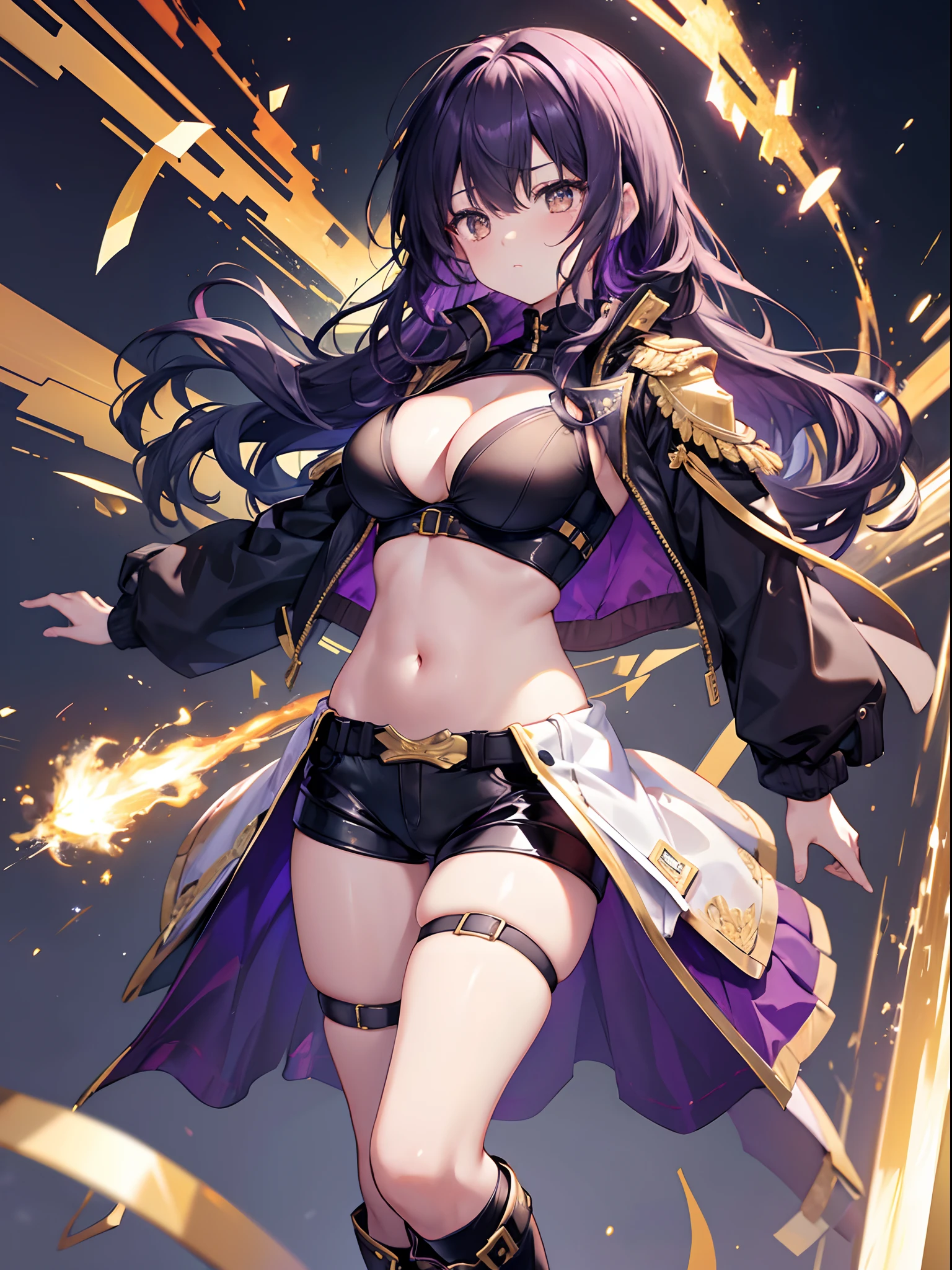 Golden Eyes、(Best Quality,4K,8K,hight resolution,),Ultra-detailed,Golden Eyes,Golden Eyes,(Curly,Wavy) Black-purple hair,Black bra top, White Hot Pants, Purple tights, long boots,  adventurer, Standing Pose, Black jacket、small stature、Colossal tits、Navel Ejection、look down from above、full body seen、Dynamism、Golden Eyes、