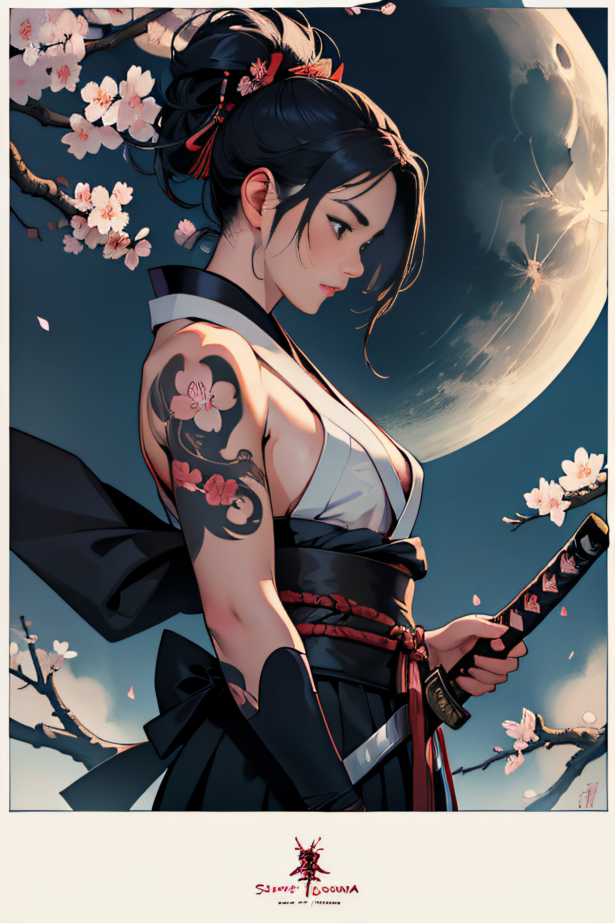 (Masterpiece, Best Quality), 8k Wallpaper, highly detailed, sexy female ronin, samurai, cherry blossom flowers border, japanese tattoos, katana, japan, night, moonlight, vector style art, erotic, movie poster style, lettering.