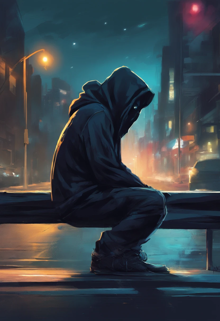 Depressed man in black hoodie, Person sitting on the side of the road at night, think, with their face not visible, There is a blue cast in the photo