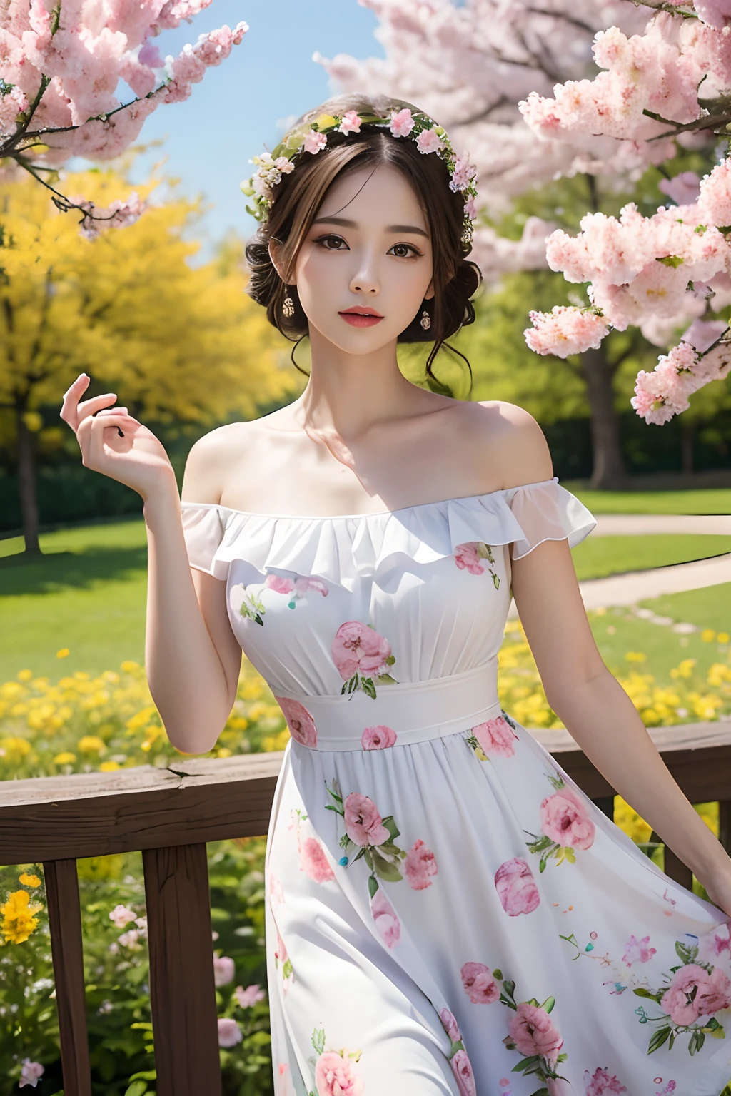 Breathtaking 8K, Masterpiece, Beautiful woman, (Spring dress), full bodyesbian, ((springtime)),Rich background,Vibrant,Flowers,