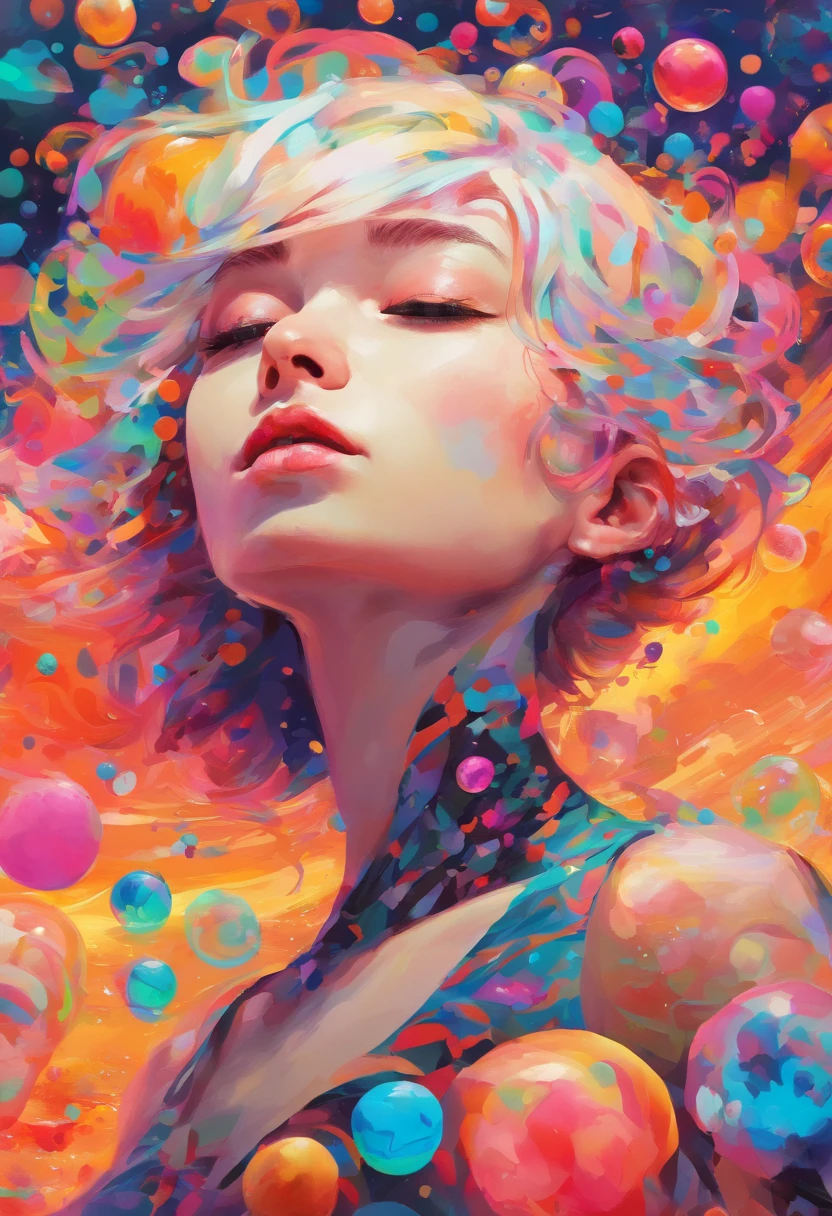 ((top-quality, 8K)), (Realistic), (Face Focus: 1.1), (white and black: 1.3), Kawaii Girl, short-hair,
Hair fluttering in the wind, Facing to the side, Look up at your face, Eyes closed, (Sleeveless: 1.1)、Skirt, D Cup Breasts,Countless soap bubbles