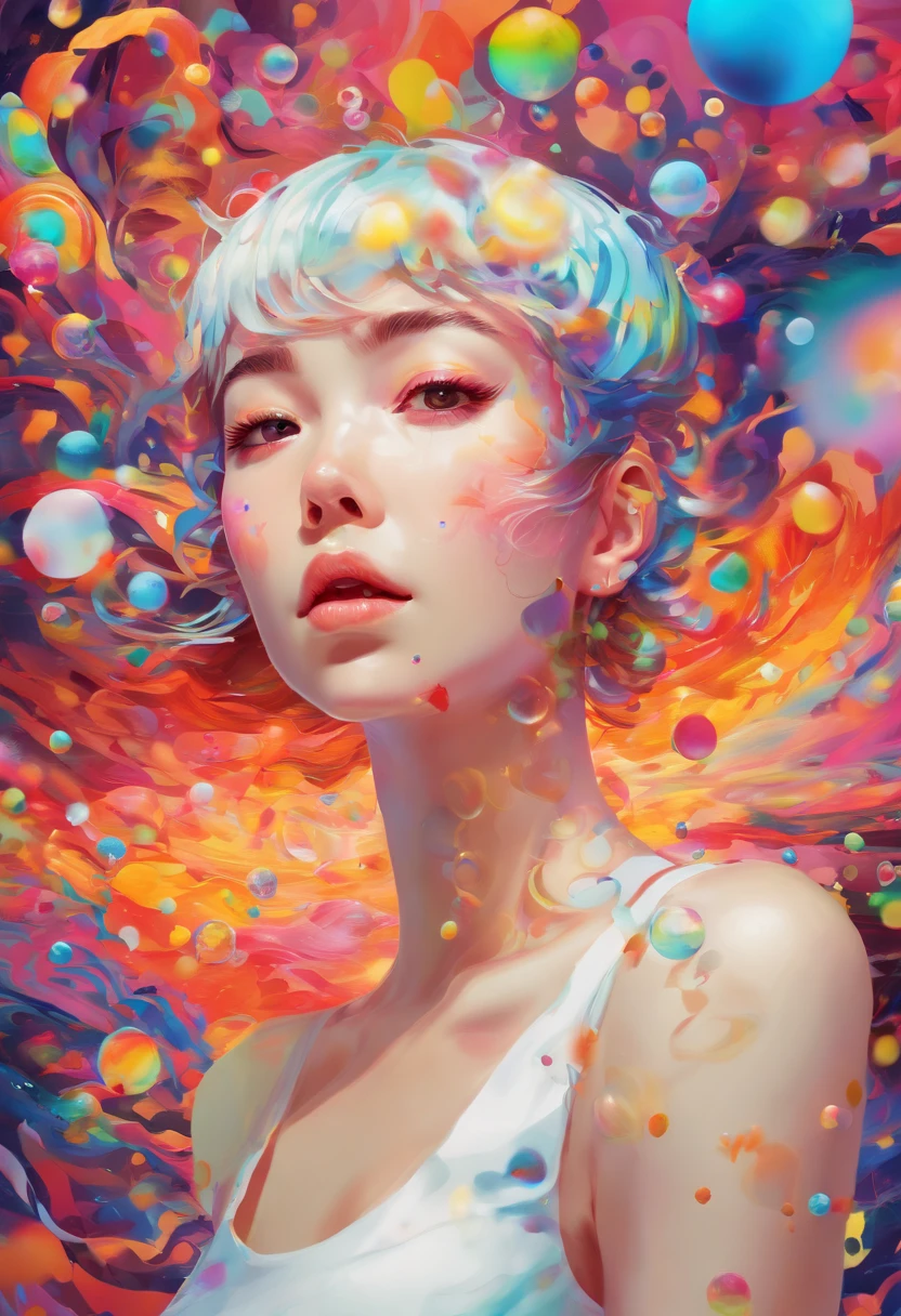((top-quality, 8K)), (Realistic), (Face Focus: 1.1), (white and black: 1.3), Kawaii Girl, short-hair,
Hair fluttering in the wind, Facing to the side, Look up at your face, Eyes closed, (Sleeveless: 1.1)、Skirt, D Cup Breasts,Countless soap bubbles