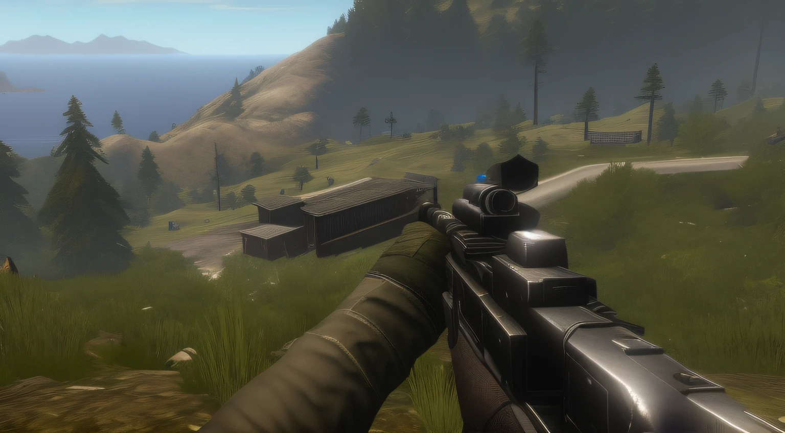 Vista ararfed de um rifle em uma colina com vista para um lago, fps view, Captura de tela de um FPS, Captura de tela do videogame>, Alto FOV, dayz, captura de tela em primeira pessoa, jogo de tiro em primeira pessoa hud, First person view, vista em primeira pessoa, First-person view, Captura de tela do PC, Jogo de FPS, em dayz, no jogo, jogabilidade ainda ,em