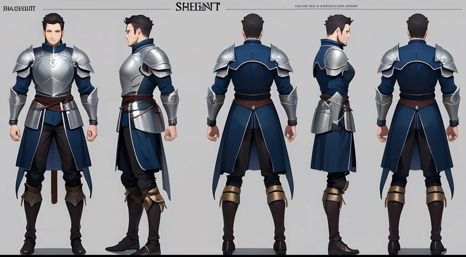 Character sheet, male, knight, full body, medieval armor, medieval, side view, front view, back view, highly detailed, 8k, 4k, high resolution, detailed face