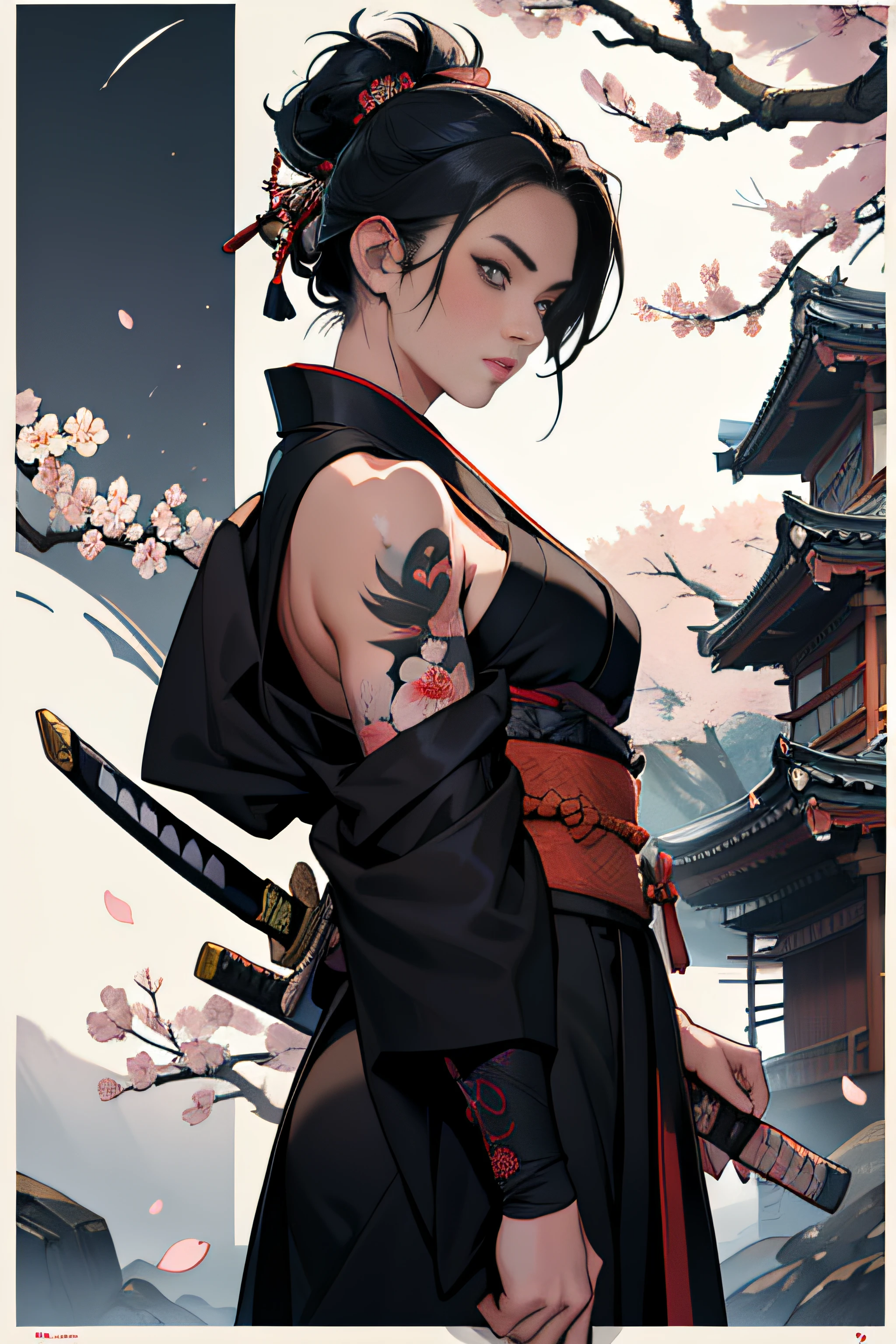 (Masterpiece, Best Quality), 8k Wallpaper, highly detailed, sexy female ronin, samurai, cherry blossom flowers border, japanese tattoos, katana, japan, night, moonlight, vector style art, erotic, movie poster style, lettering.