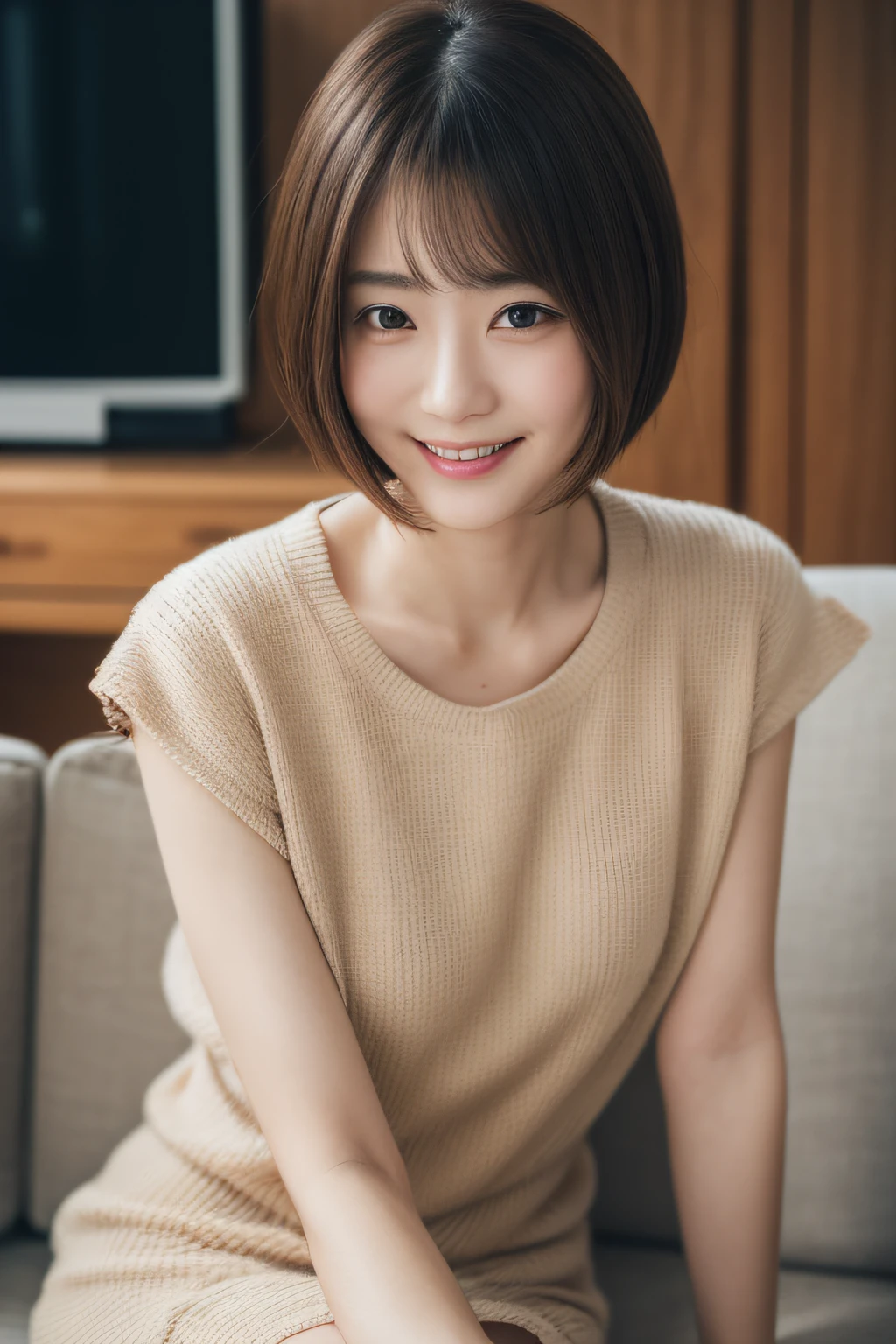 (in 8K、Raw photography、top-quality、masterpiece:1.2)、25-years old、(japanes)、1人の女性、A detailed face、A detailed eye、Detailed mouth、short-cut、ssmile、Sitting on the couch in the house、In front of the TV