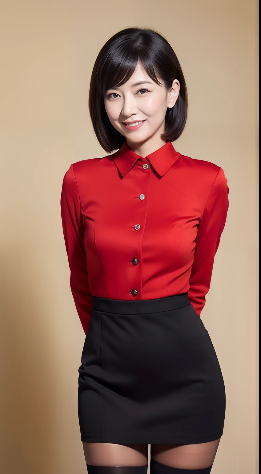 Masterpiece,Best quality, (maam. clerk:1), ((Portrait:1.3)), Cross arms, Smile,Red professional attire,Long legs,skin hyper-detail,Clear pores,in a panoramic view,Cocked buttocks,black lence stockings,Beautiful young Japanese woman over 40 years old, Perfect face, Fantastic look, (Detailed facial features), Clean and nice face