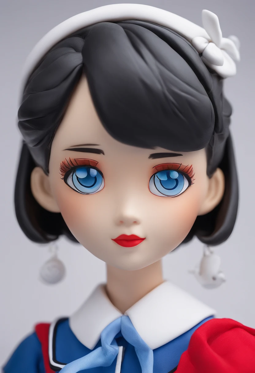 ((1girl)), solo, (black short hair girl), black eyes, ((seifuku uniform with white short sleeves shirt, blue sailor collar with red bow, blue skirt, white thigh high, black shoes)), ((wear kitsune mask)), clay material, cartoonish design style, pop mart, soft lighting, smooth lines, tilt-shift lenses, detailed science fiction illustrations, hyper-realistic details