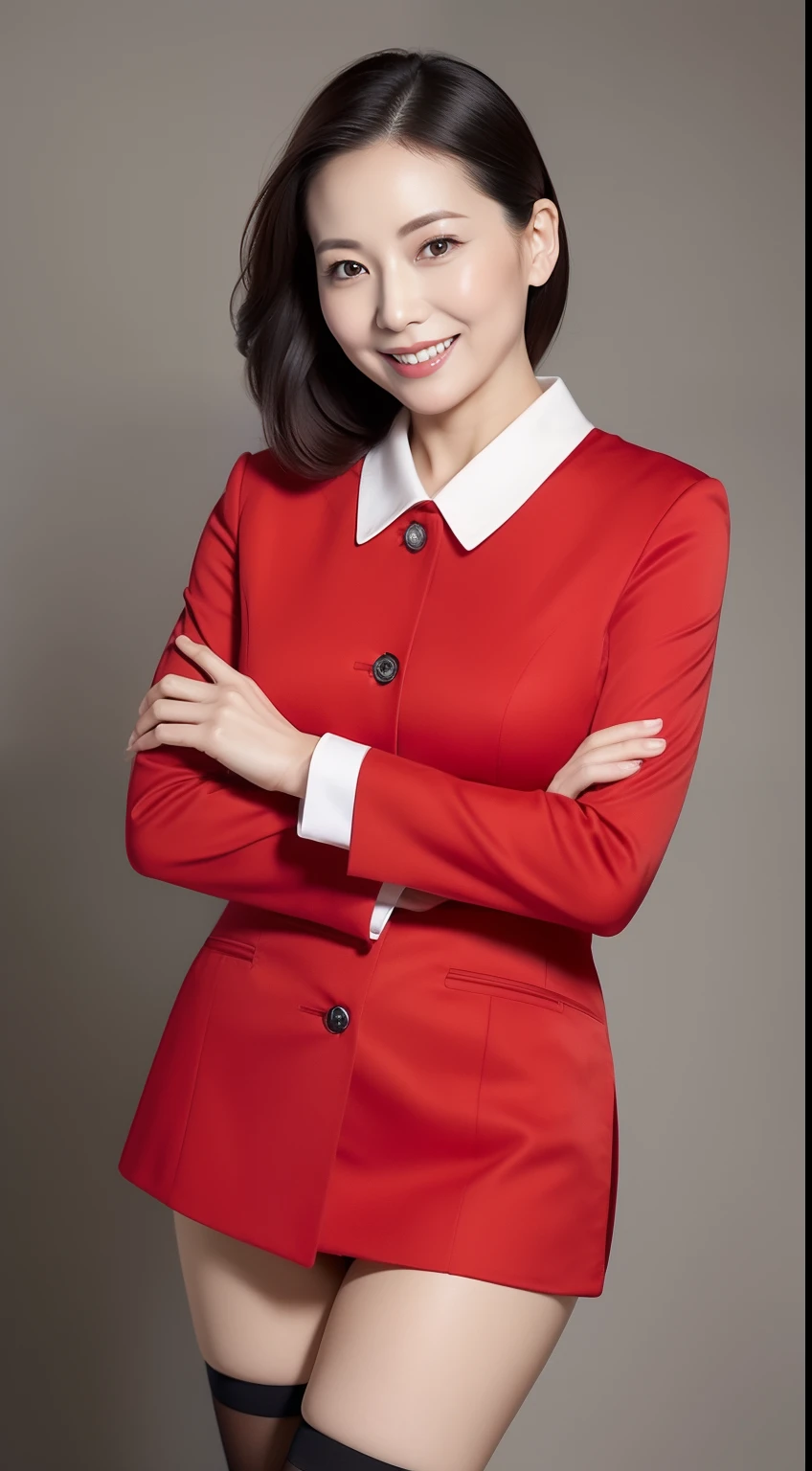 Masterpiece,Best quality, (maam. clerk:1), ((Portrait:1.3)), Cross arms, Smile,Red professional attire,Long legs,skin hyper-detail,Clear pores,in a panoramic view,Cocked buttocks,black lence stockings,Beautiful young Japanese woman over 40 years old, Perfect face, Fantastic look, (Detailed facial features), Clean and nice face
