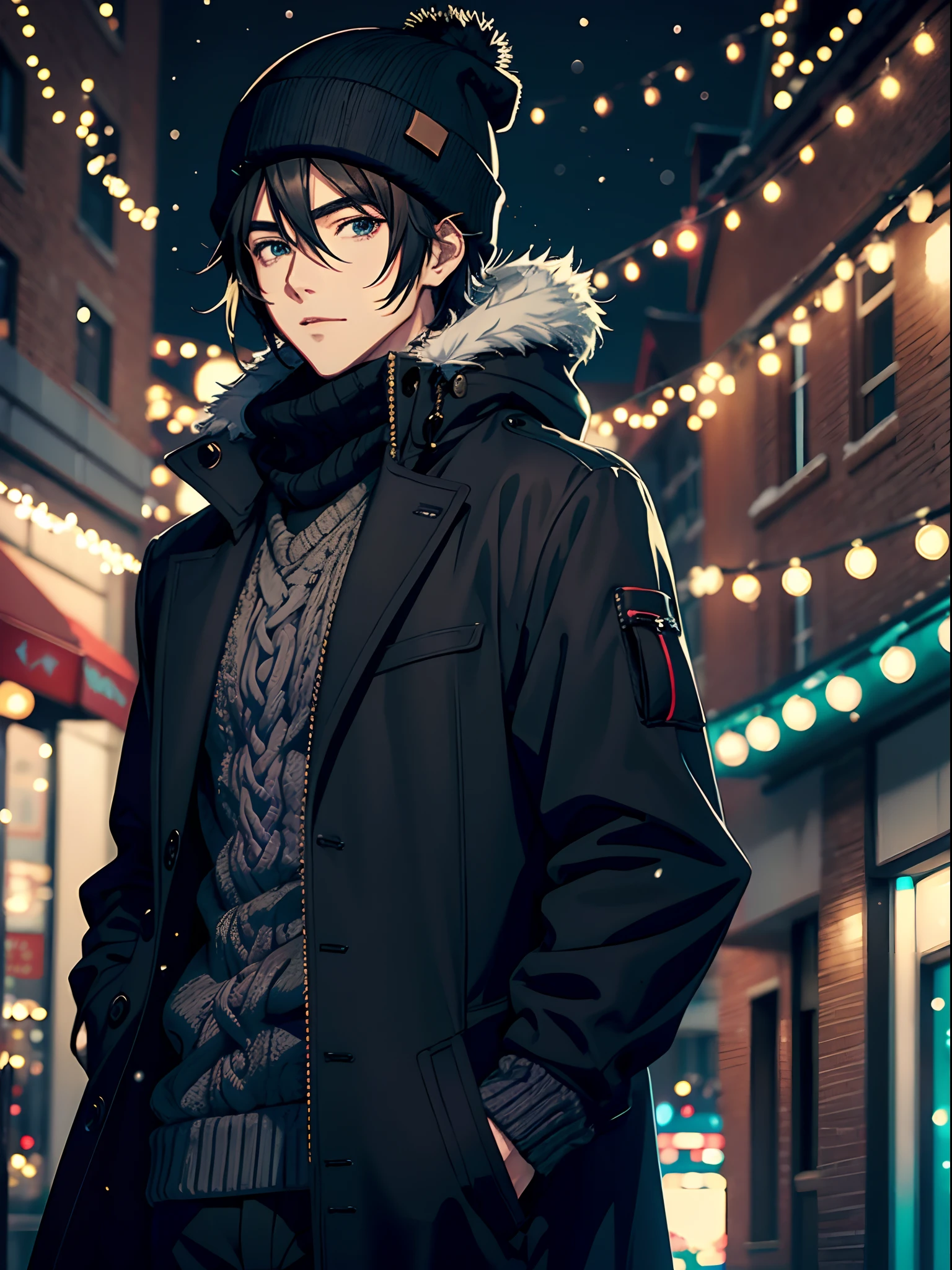 Anime handsome guy in black coat, Christmas lights, street, snowflakes, beanie, knitted things