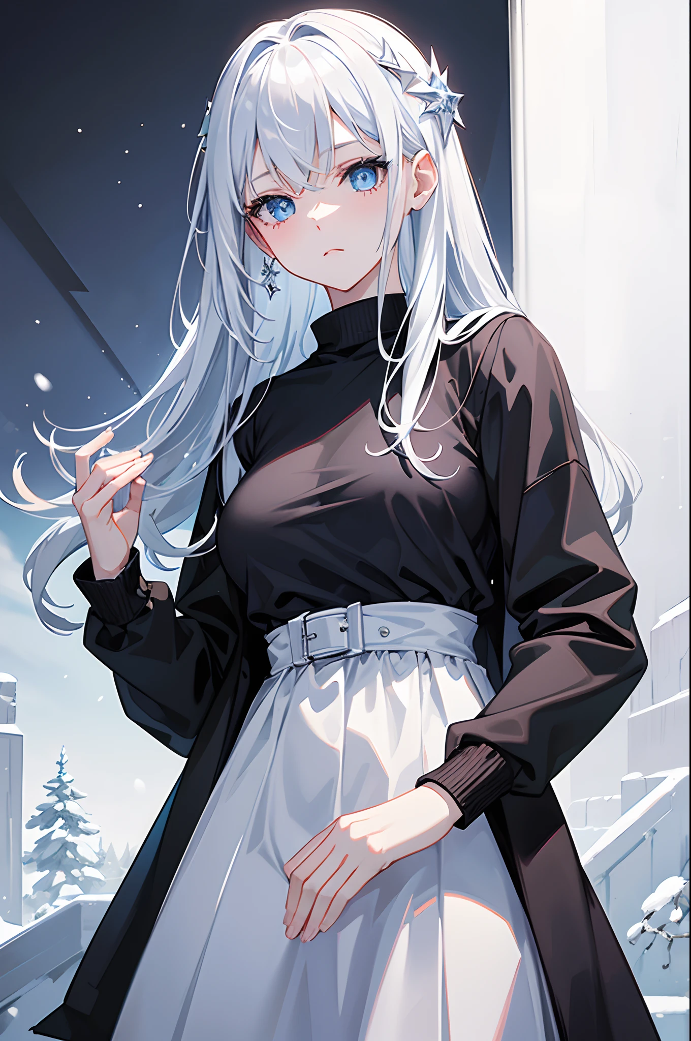 masterpiece, highlydetailed, ultra-detailed, cold, solo, (1girl), (pale skin), icyblue eyes, frosty white hair, cool Chara, flat face, young lady, lady chara, medium boobs, Arrogant, confident, cold face, goddess, cool kuudere girl, sharp eyes, (snowy background), snowflakes, (frozen flowers:0.5), (calm expression), (sparkling ice crystals), (black modern casual clothes), (snow-covered ground), (icy breath)