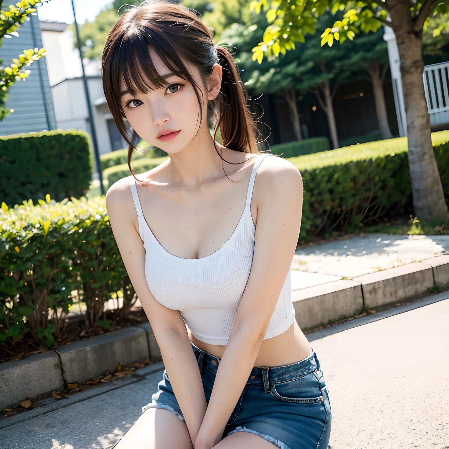 （1girll:1.0），(8K, Best quality, tmasterpiece),ultra - detailed, adolable, 独奏, cute Japan woman,brown  hair,By bangs, long whitr hair, pony tails,Beautiful and delicate eyes,Eyes speak， Moisturizes skin，well-composed,(Bokeh:1.2) ，(full bodyesbian),(Keep your mouth shut),美丽细致的眼睛,Brownish-yellow hair，messy  hair,Long hair flutters in the wind，tight denim shorts，protrusions，white camisole，barebacked，鎖骨，Side breasts，Lower chest bare：1.5，nabel：1.5，Wearing sweat，