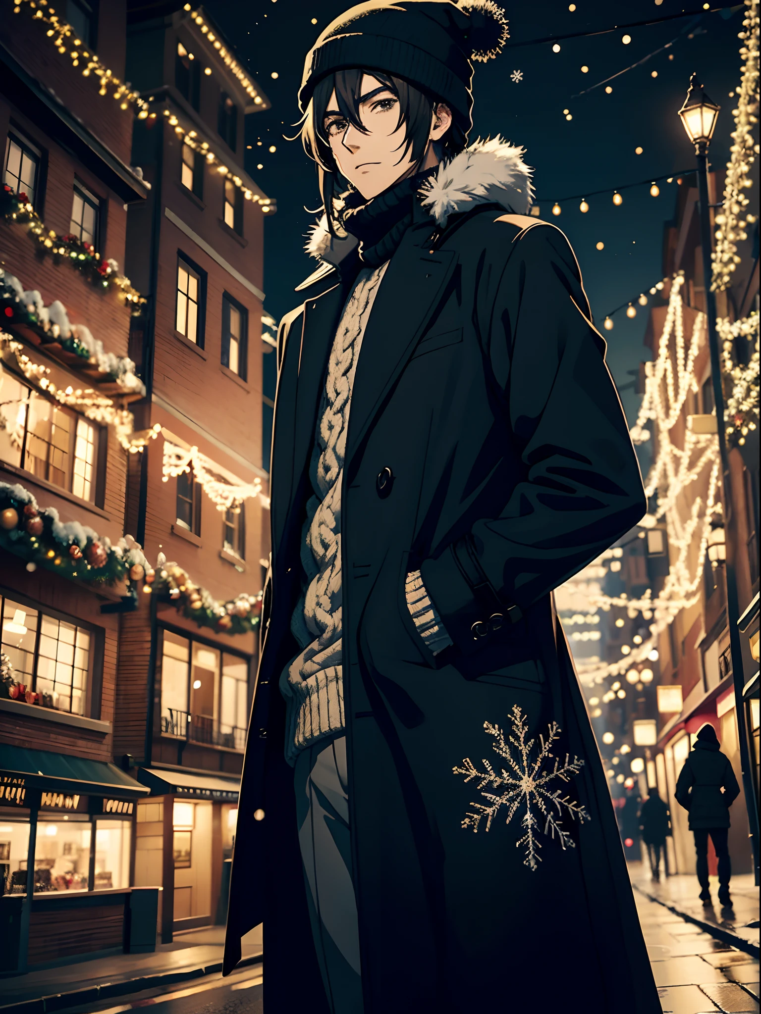 Anime handsome guy in black coat, Christmas lights, street, snowflakes, beanie, knitted things