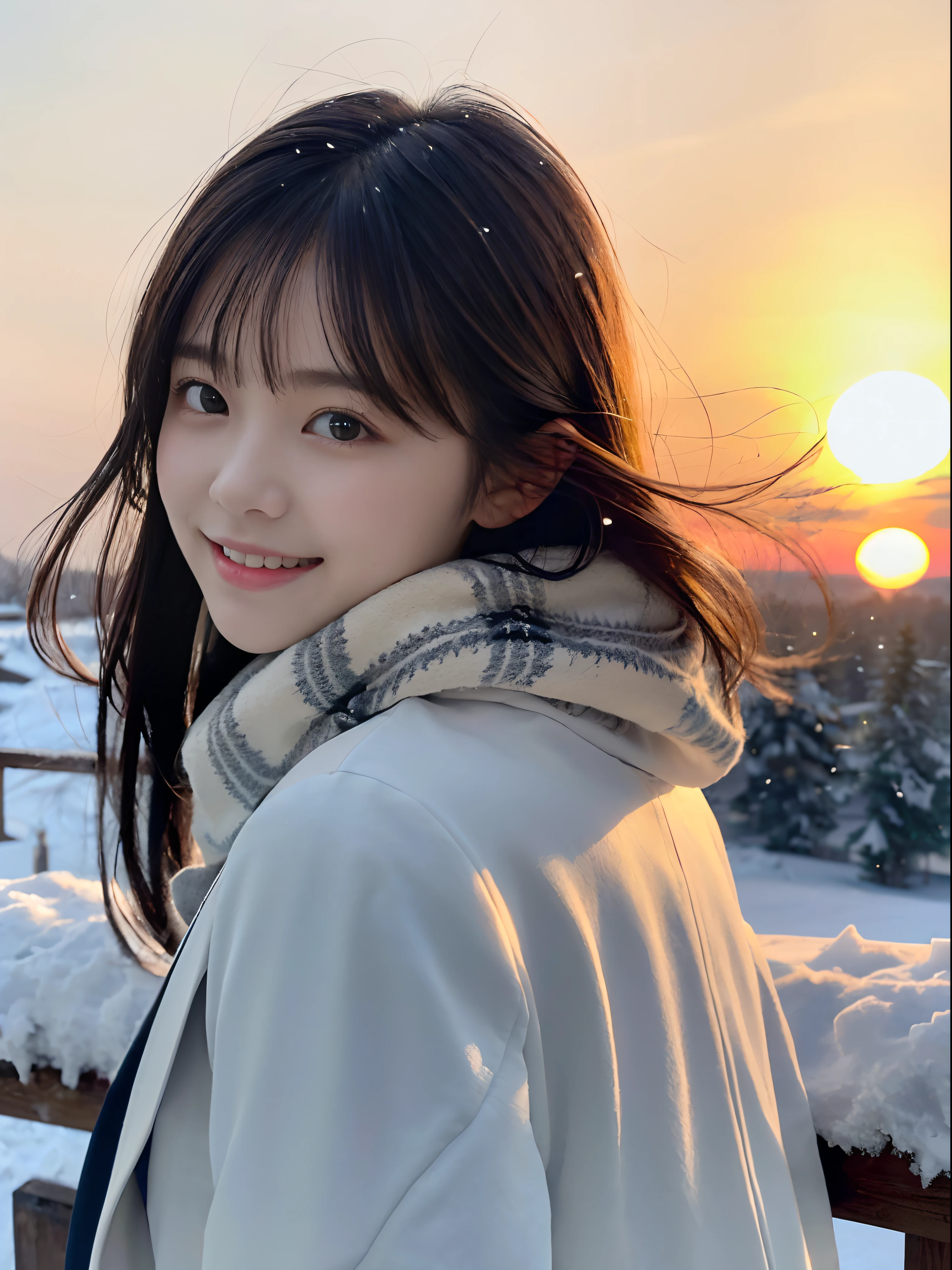 (A close-up portrait of one slender girl has long hair with dull bangs  in winter uniform with white winter coat and a gray scarf:1.5)、(One girl looked back at her hair fluttering in the wind with a shy smile:1.3)、(Beautiful snowy sunset red sky:1.5)、(Perfect Anatomy:1.3)、(No mask:1.3)、(complete fingers:1.3)、Photorealistic、Photography、masutepiece、top-quality、High resolution, delicate and pretty、face perfect、Beautiful detailed eyes、Fair skin、Real Human Skin、pores、((thin legs))、(Dark hair)