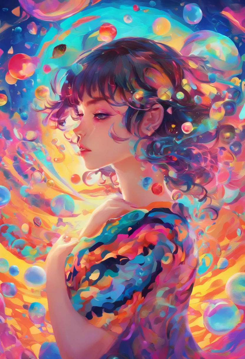 ((top-quality, 8K)), (Realistic), (Face Focus: 1.1), (white and black: 1.3), Kawaii Girl, short-hair, 
Hair fluttering in the wind, Facing to the side, Look up at your face, Eyes closed, (Sleeveless: 1.1)、Skirt, D Cup Breasts,Countless soap bubbles