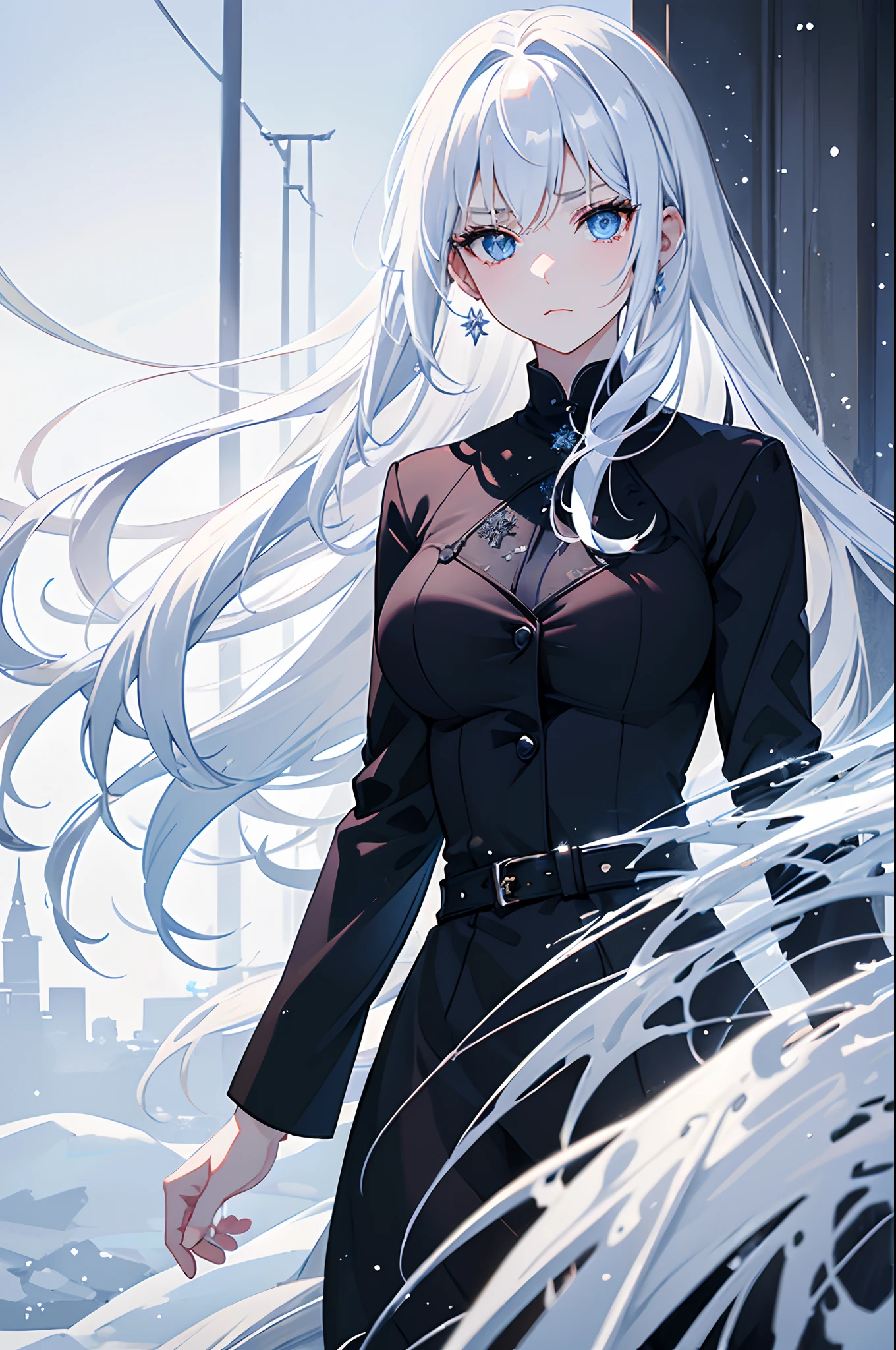 masterpiece, highlydetailed, ultra-detailed, cold, solo, (1girl), (pale skin), icyblue eyes, frosty white hair, cool Chara, flat face, young lady, lady chara, medium boobs, Arrogant, confident, cold face, goddess, cool kuudere girl, sharp eyes, (snowy background), snowflakes, (frozen flowers:0.5), (calm expression), (sparkling ice crystals), (modern casual clothes), (black blazer), (white dress), (snow-covered ground), (icy breath)